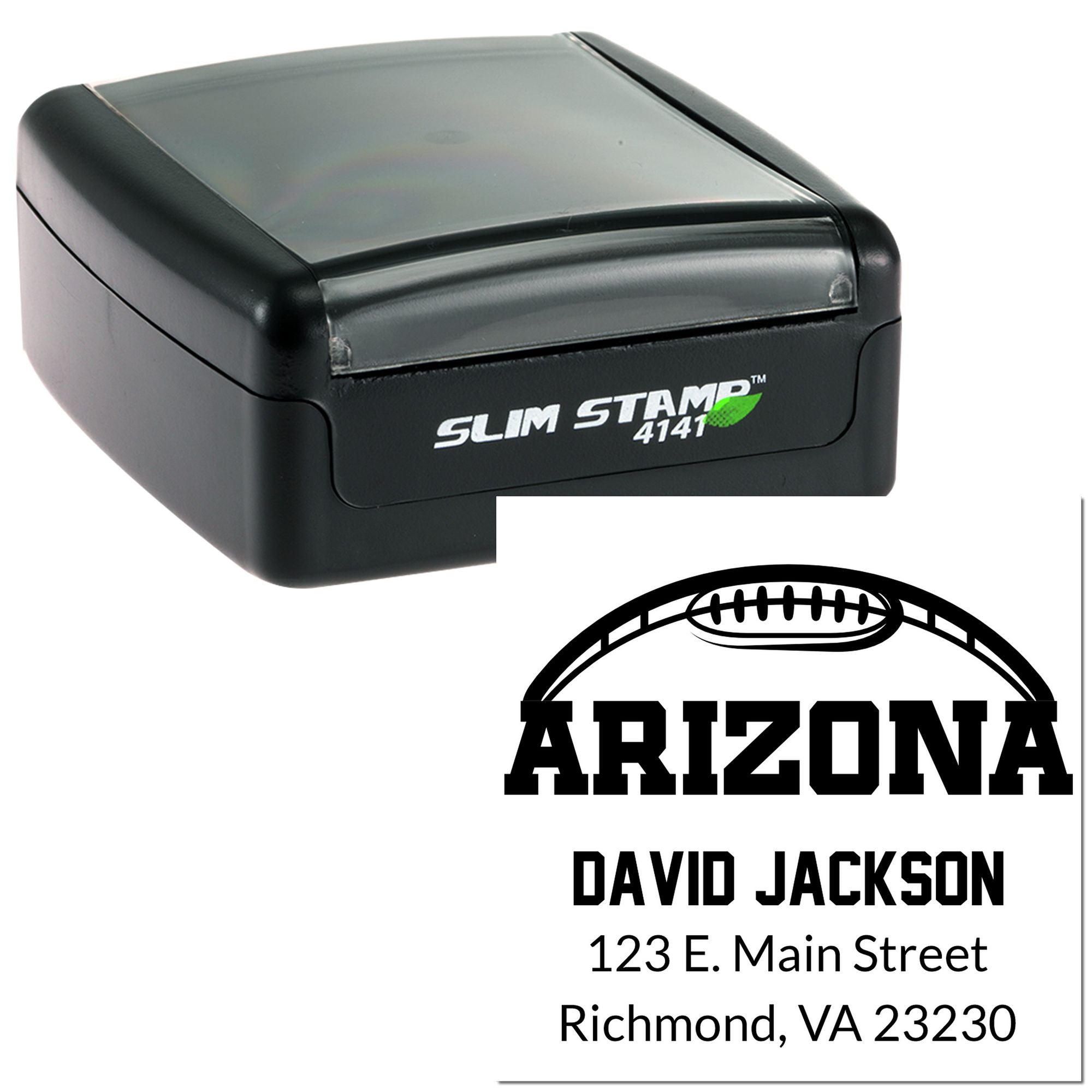 Custom self-inking rubber stamp with Arizona football logo and David Jackson address, ideal for personalized business or return mailing.