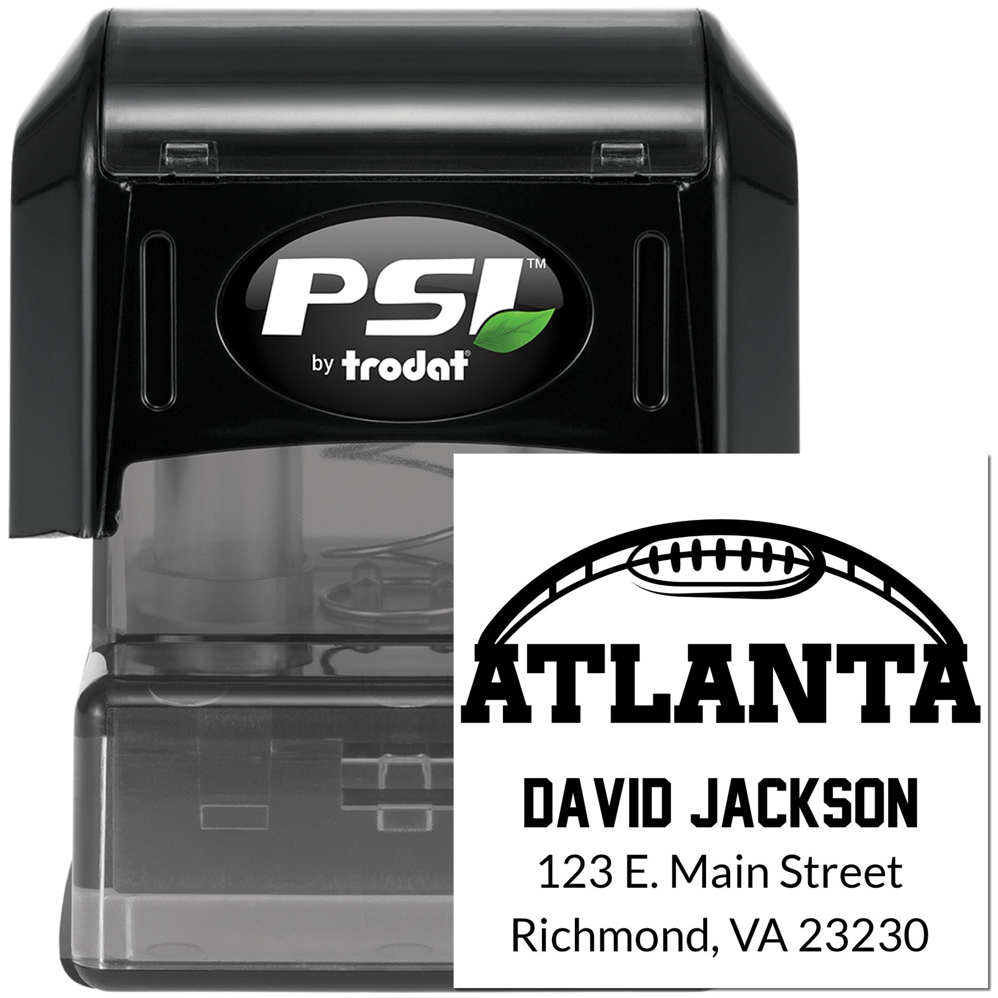 Custom Atlanta self-inking rubber stamp by PSI Trodat with football logo, name, and address for mailing labels.