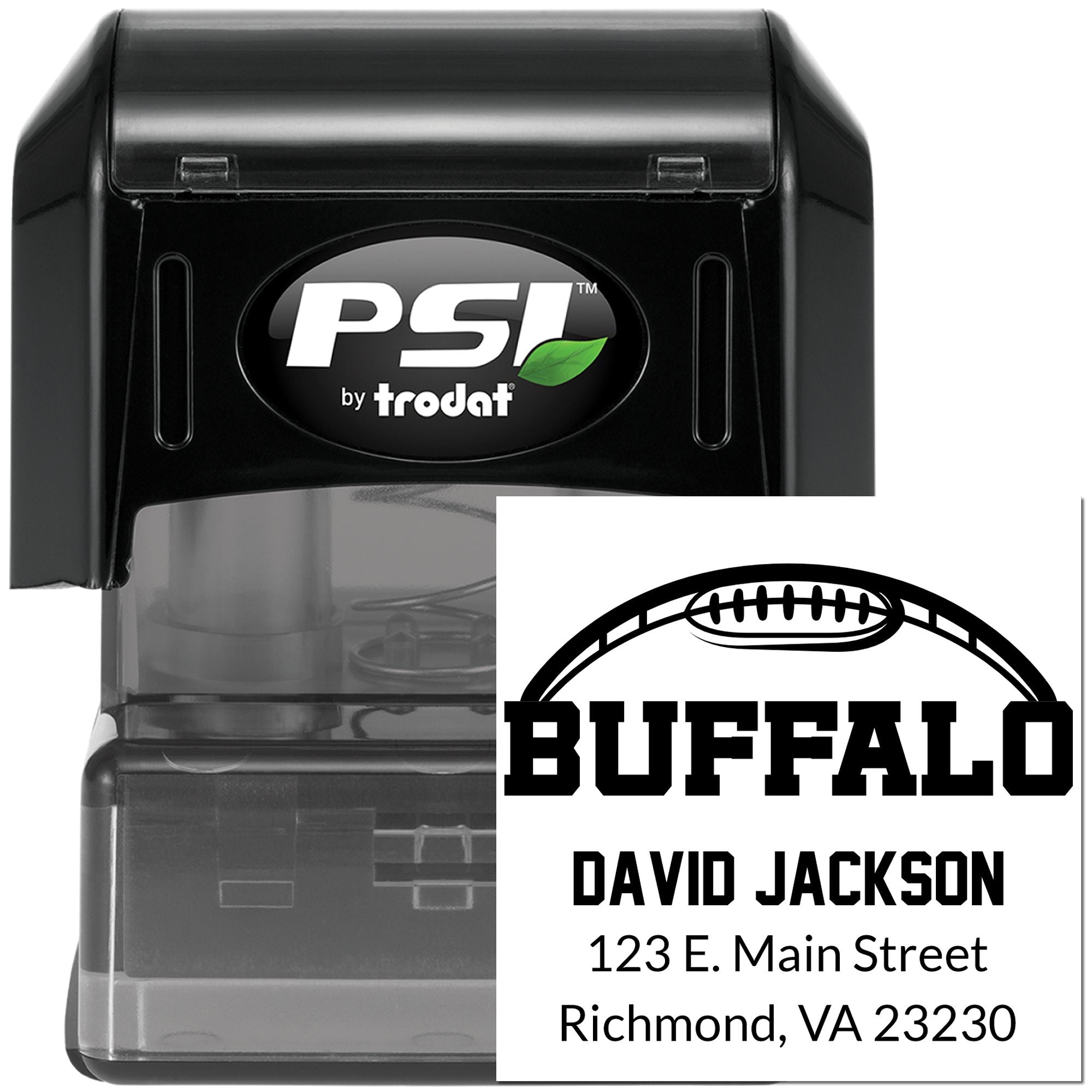 Custom Buffalo football return address rubber stamp by PSI Trodat with name and address imprint