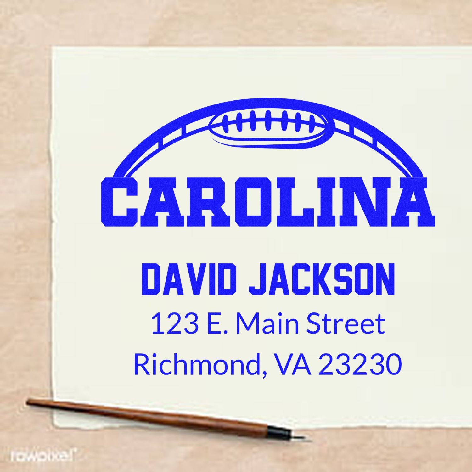 Custom Carolina football return address rubber stamp with David Jackson name and Richmond, VA address.