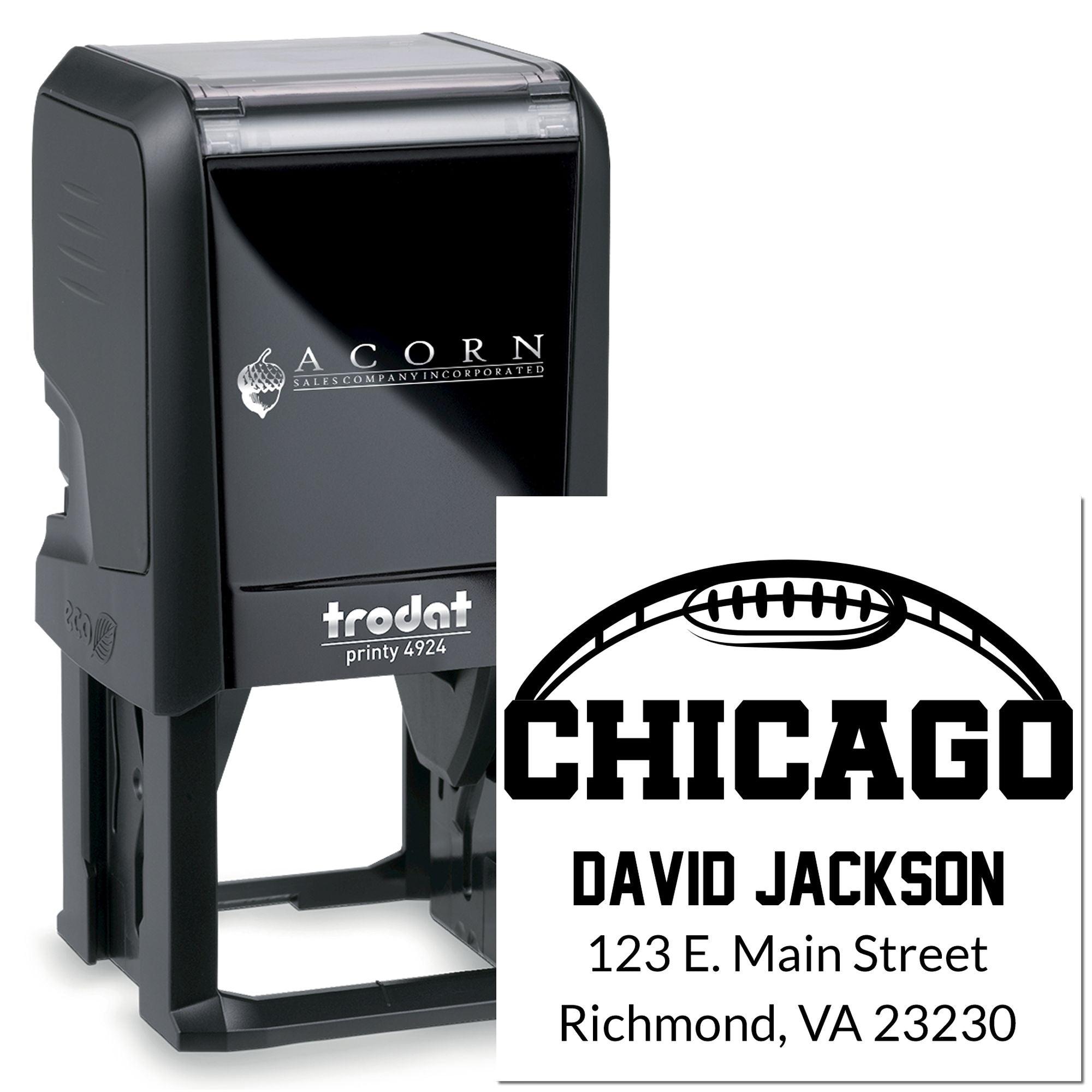 Custom Trodat self-inking rubber return address stamp with Chicago football design for David Jackson, Richmond, VA.
