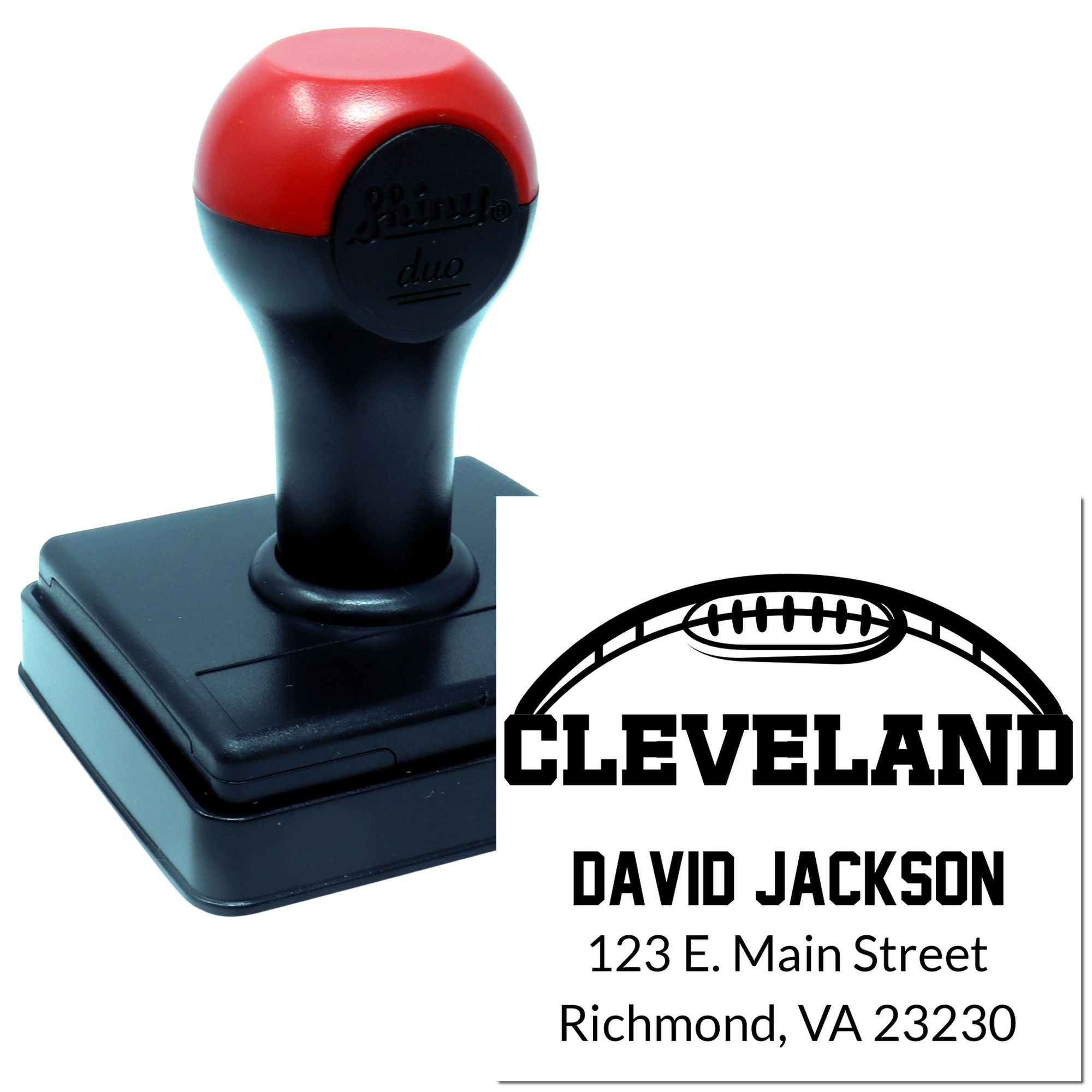 Custom self-inking rubber stamp for Cleveland football, with David Jackson name and return address for branding or mailing.