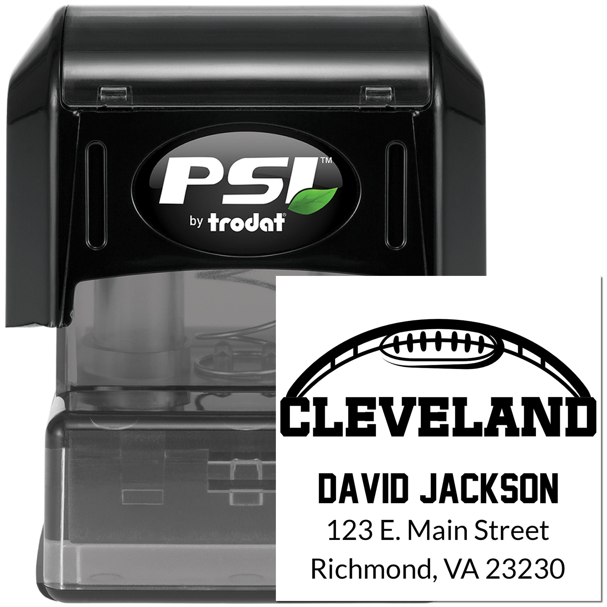 Custom football address rubber stamp by PSI Trodat, featuring Cleveland, David Jackson and Richmond, VA address.