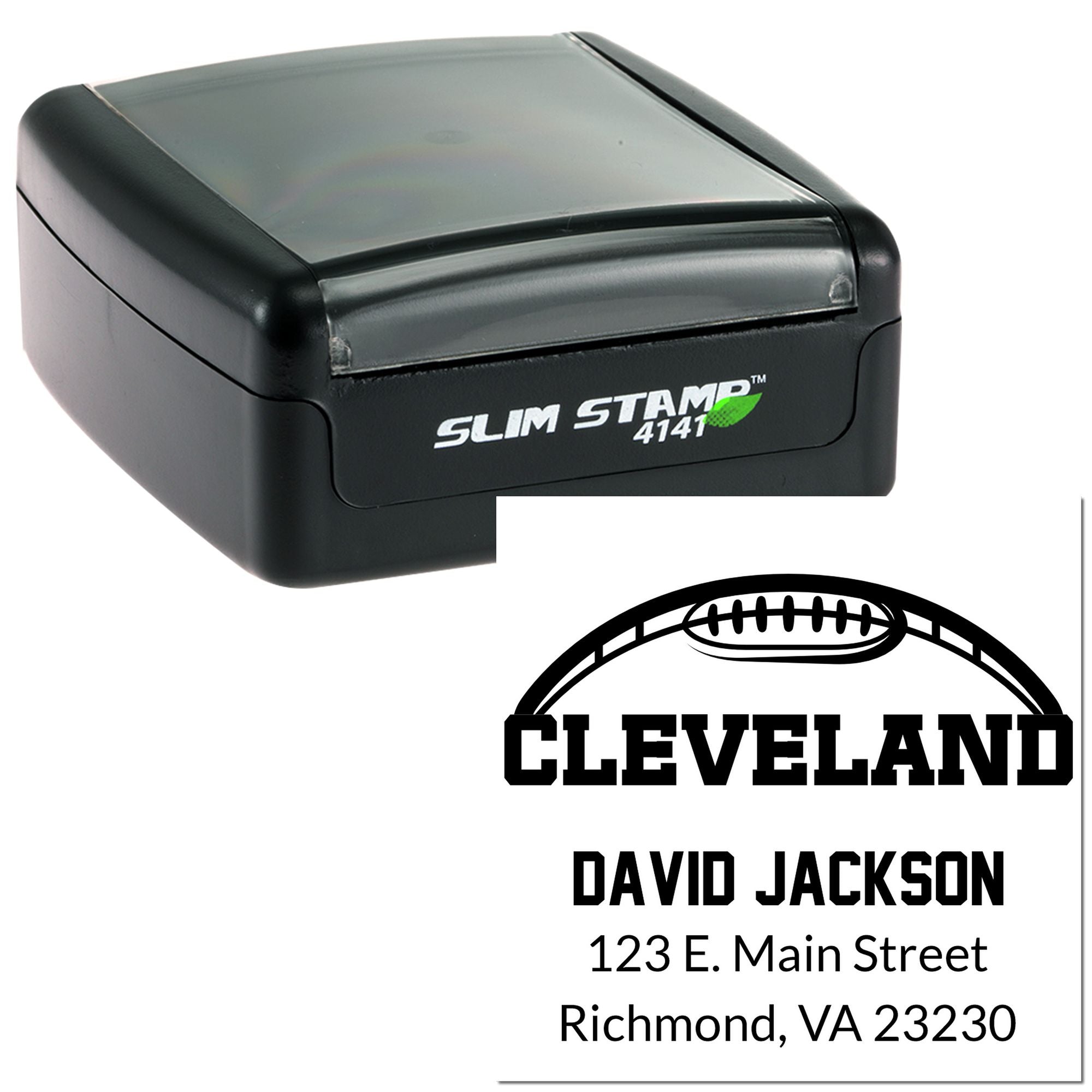 Custom self-inking return address rubber stamp with Cleveland football logo for David Jackson.