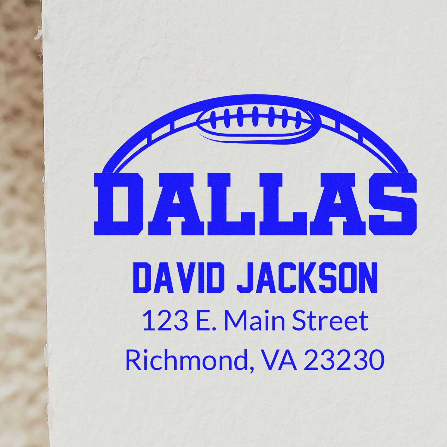 Custom Dallas football return address rubber stamp for David Jackson, Richmond, VA 23230.