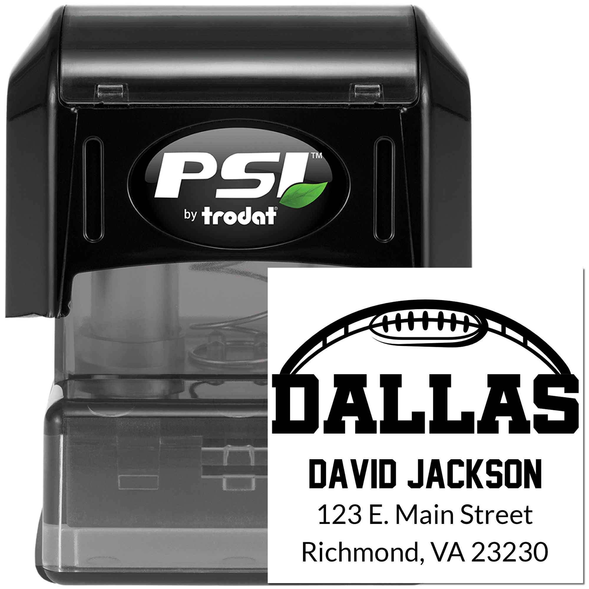Custom self-inking rubber address stamp with football design, PSI by Trodat, for David Jackson?