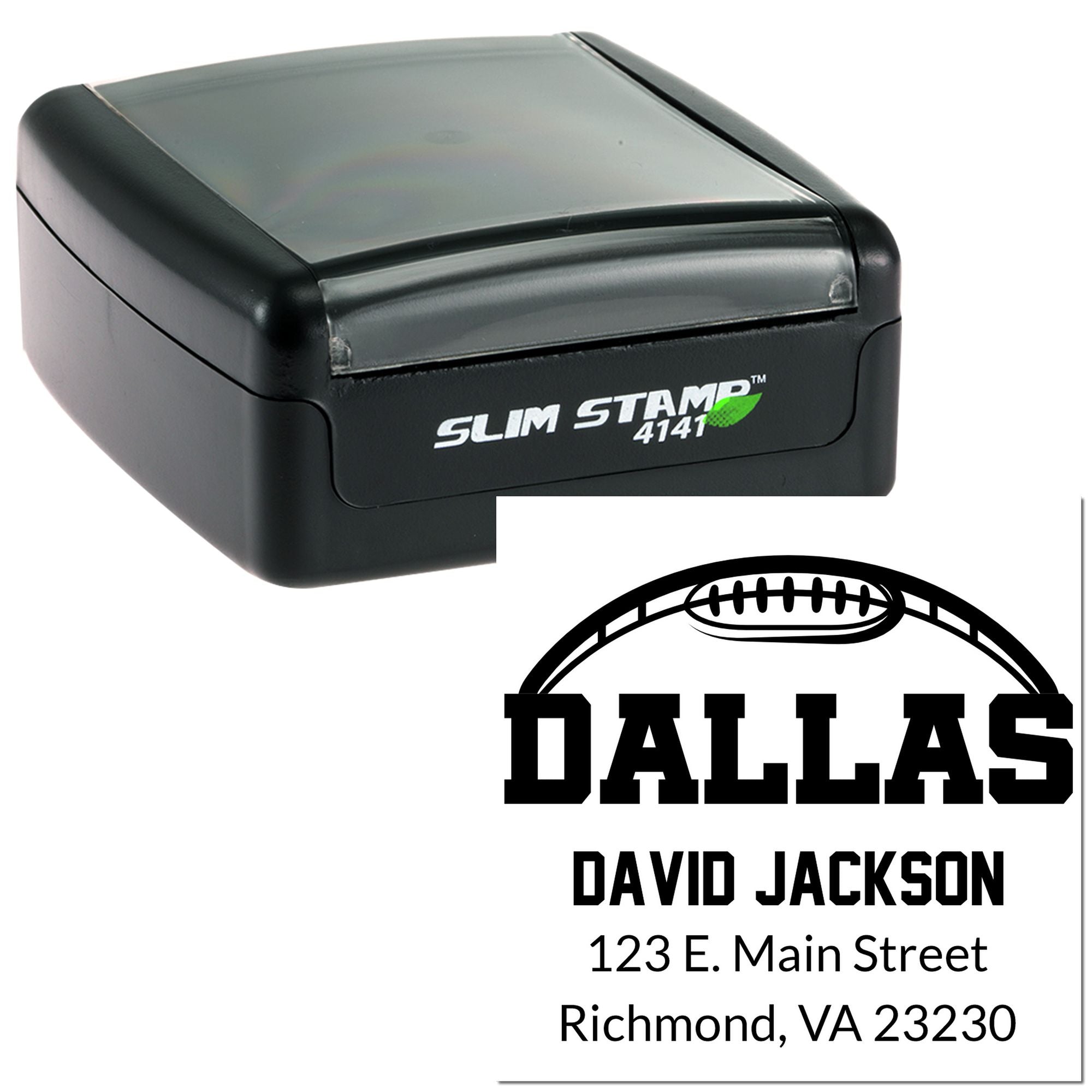 Custom self-inking rubber return address stamp with Dallas football logo, David Jackson name, and Richmond VA address