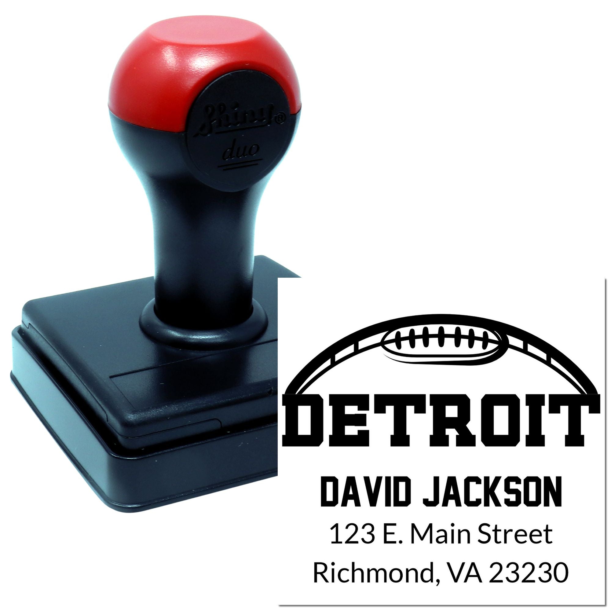 Custom self-inking rubber stamp for Detroit football return address, featuring David Jackson name and Richmond, VA address.