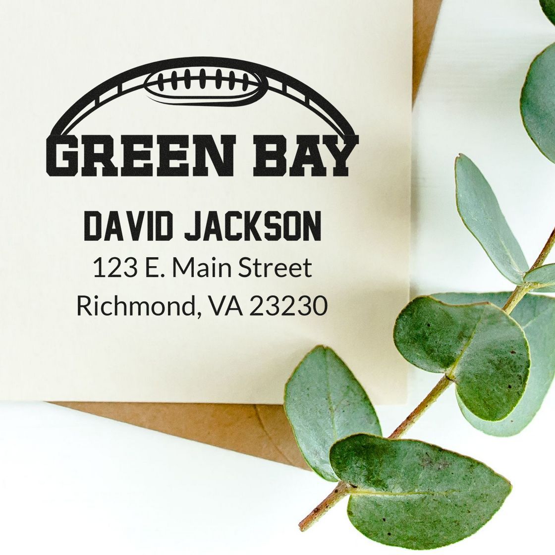 Custom Green Bay football return address stamp for David Jackson, 123 E. Main Street, Richmond, VA 23230