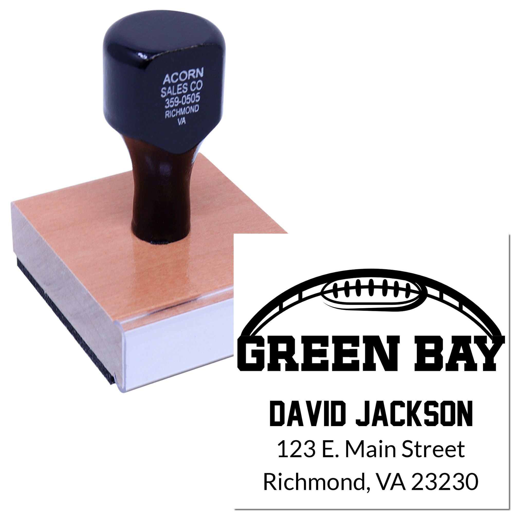 Custom football address rubber stamp with Green Bay logo, name, and address, shown on a self-inking stamp.