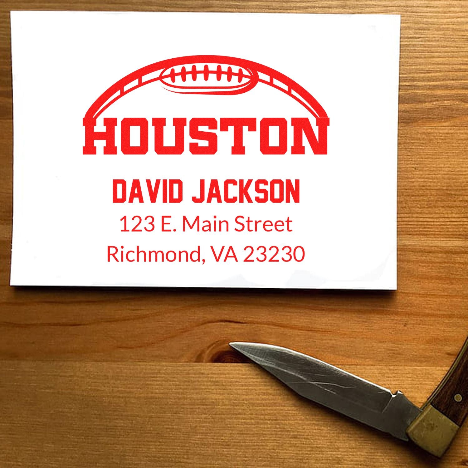 Custom Houston football rubber stamp with name and return address for personalized mailing.