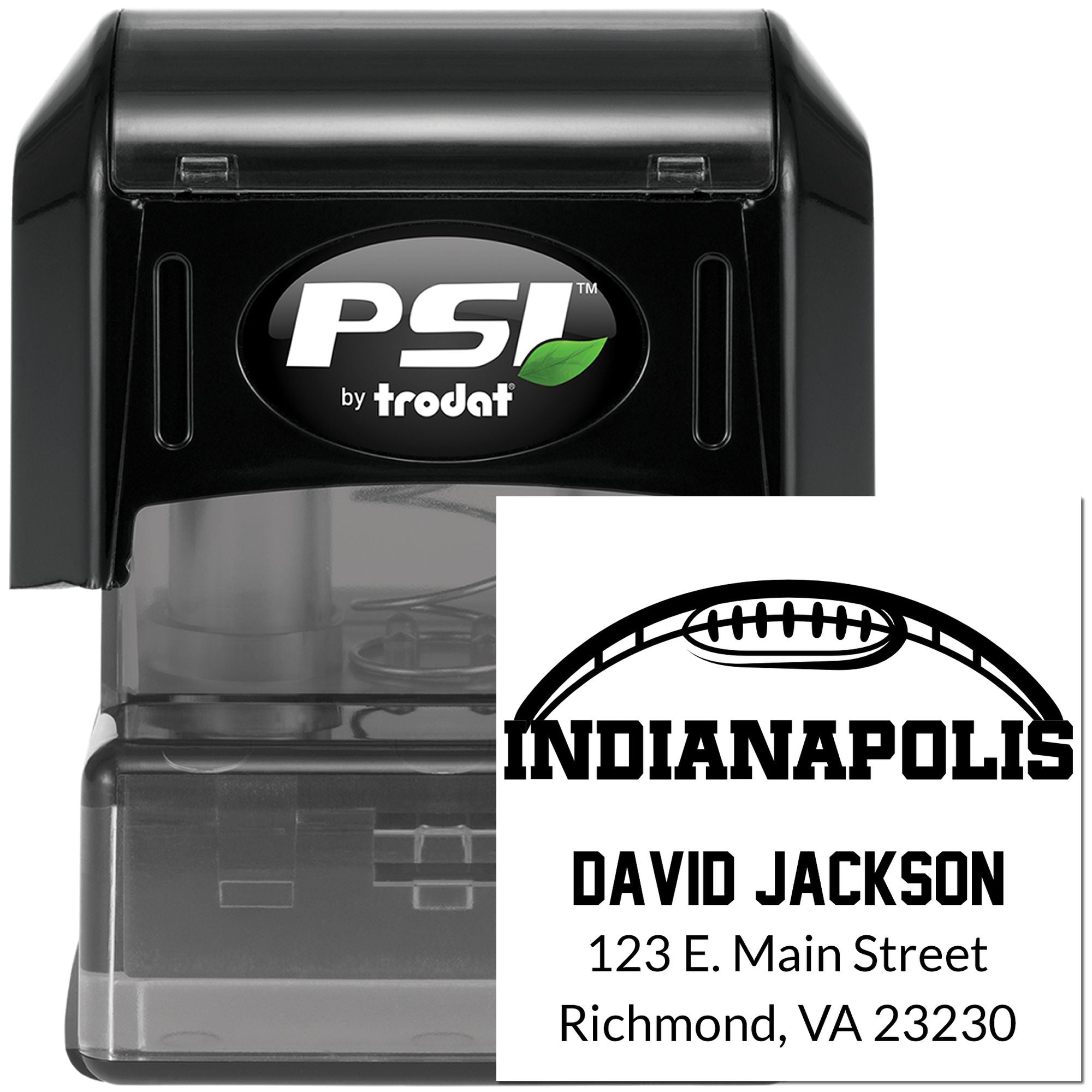 PSI by Trodat self-inking rubber stamp with custom Indianapolis football return address design and personalized address imprint.