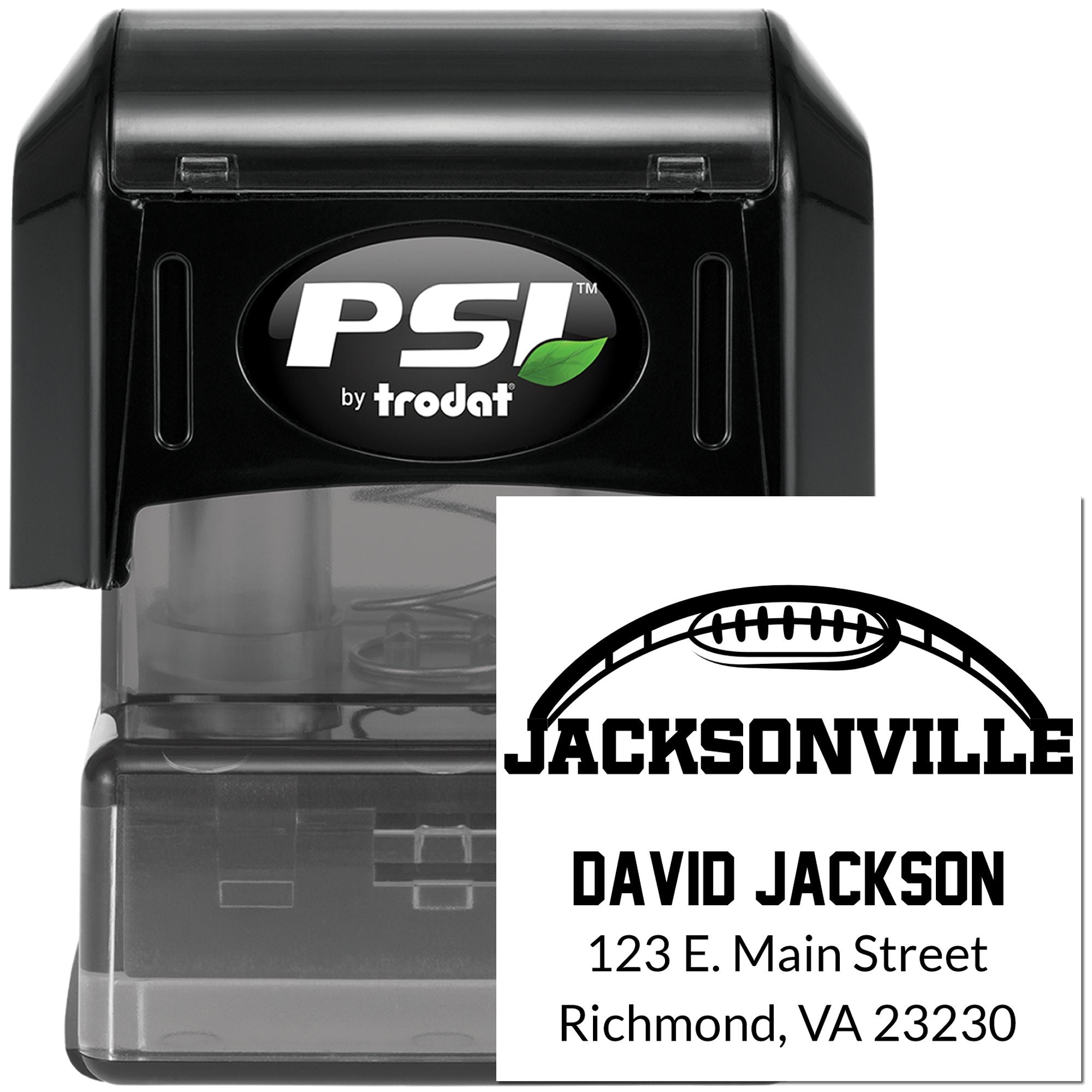 PSI by Trodat self-inking rubber stamp with custom Jacksonville address and football logo imprint for personalized mailing.