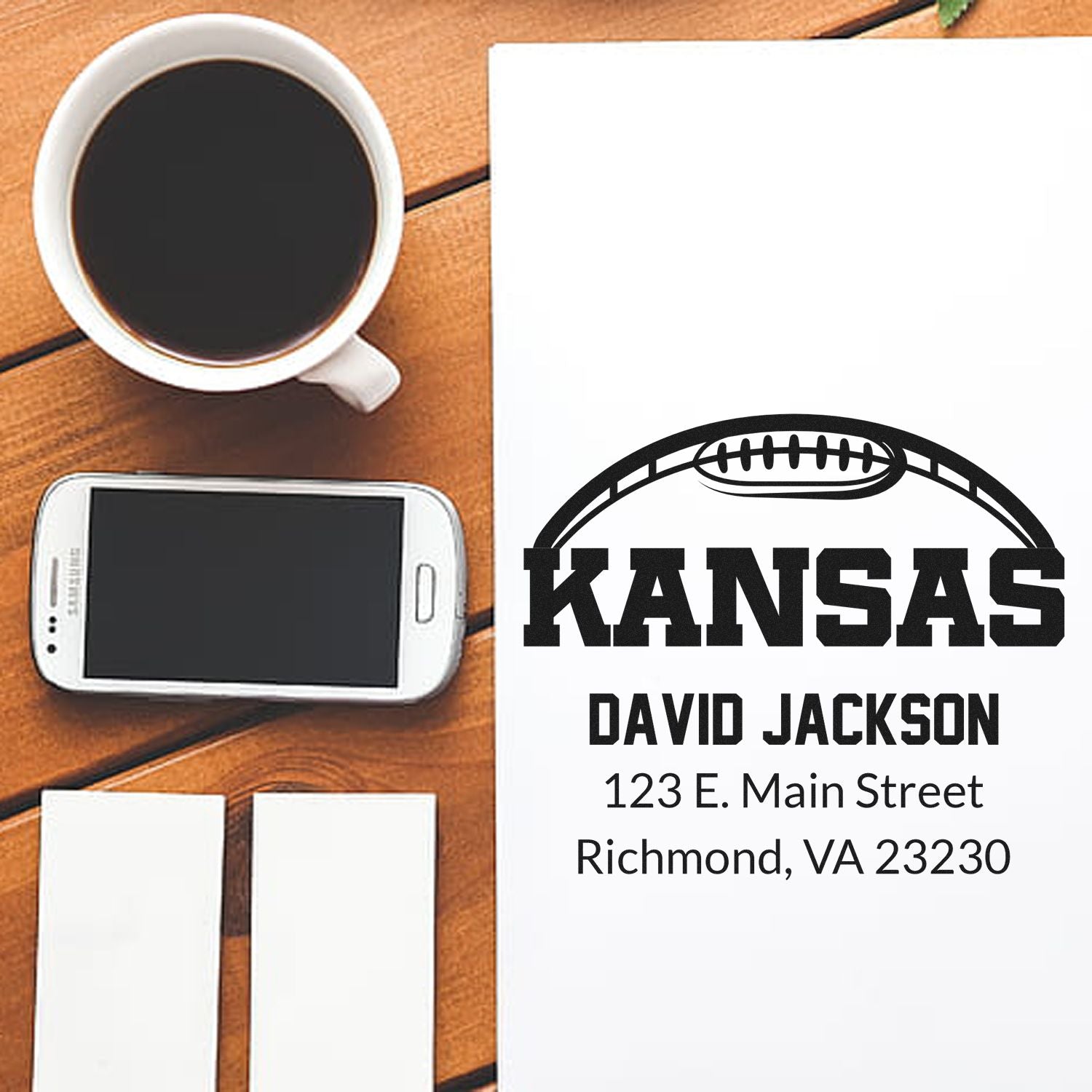 Custom Kansas football return address rubber stamp with name and Richmond, VA address on white paper.