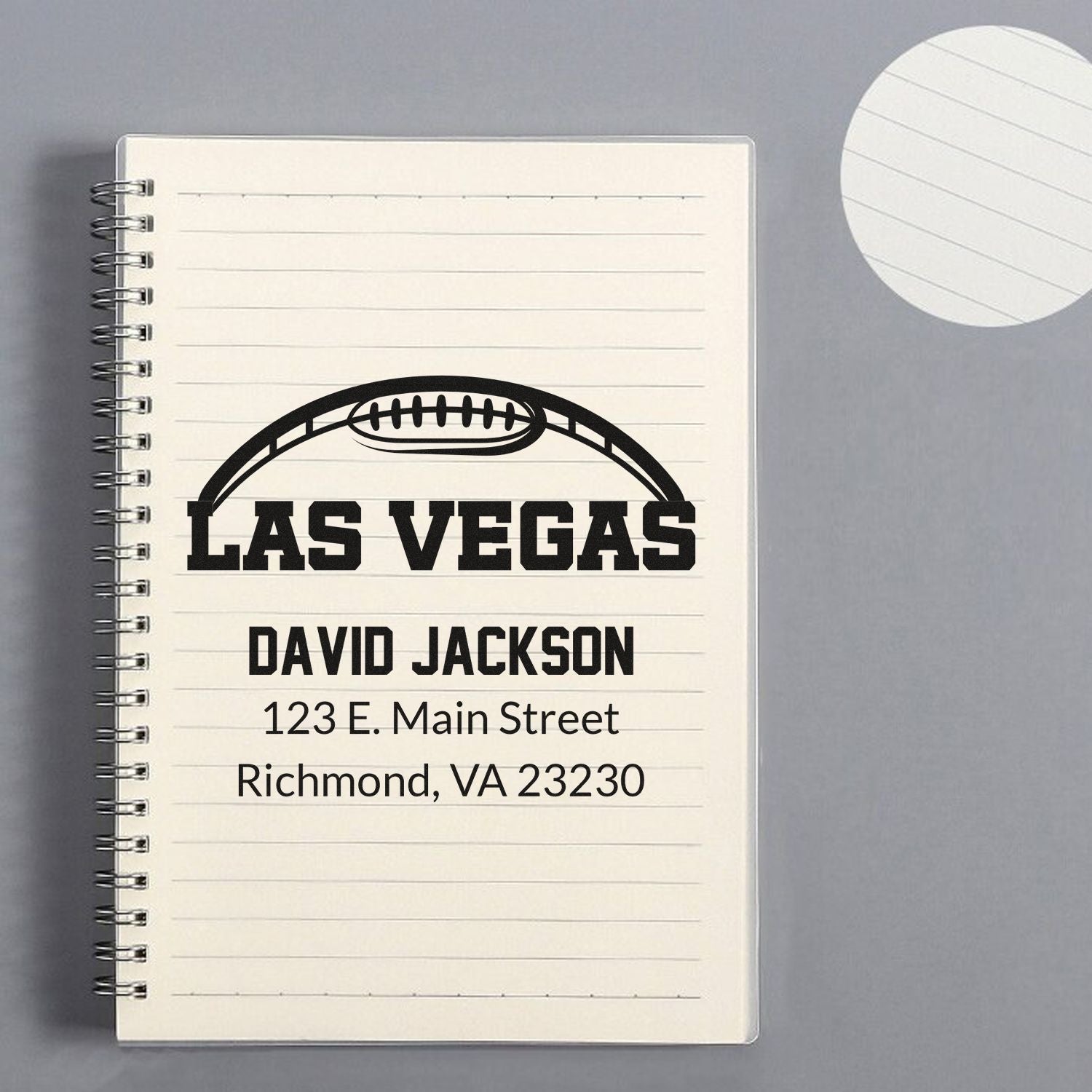 Custom Las Vegas football return address rubber stamp with name and address for personalized envelopes and notebooks.