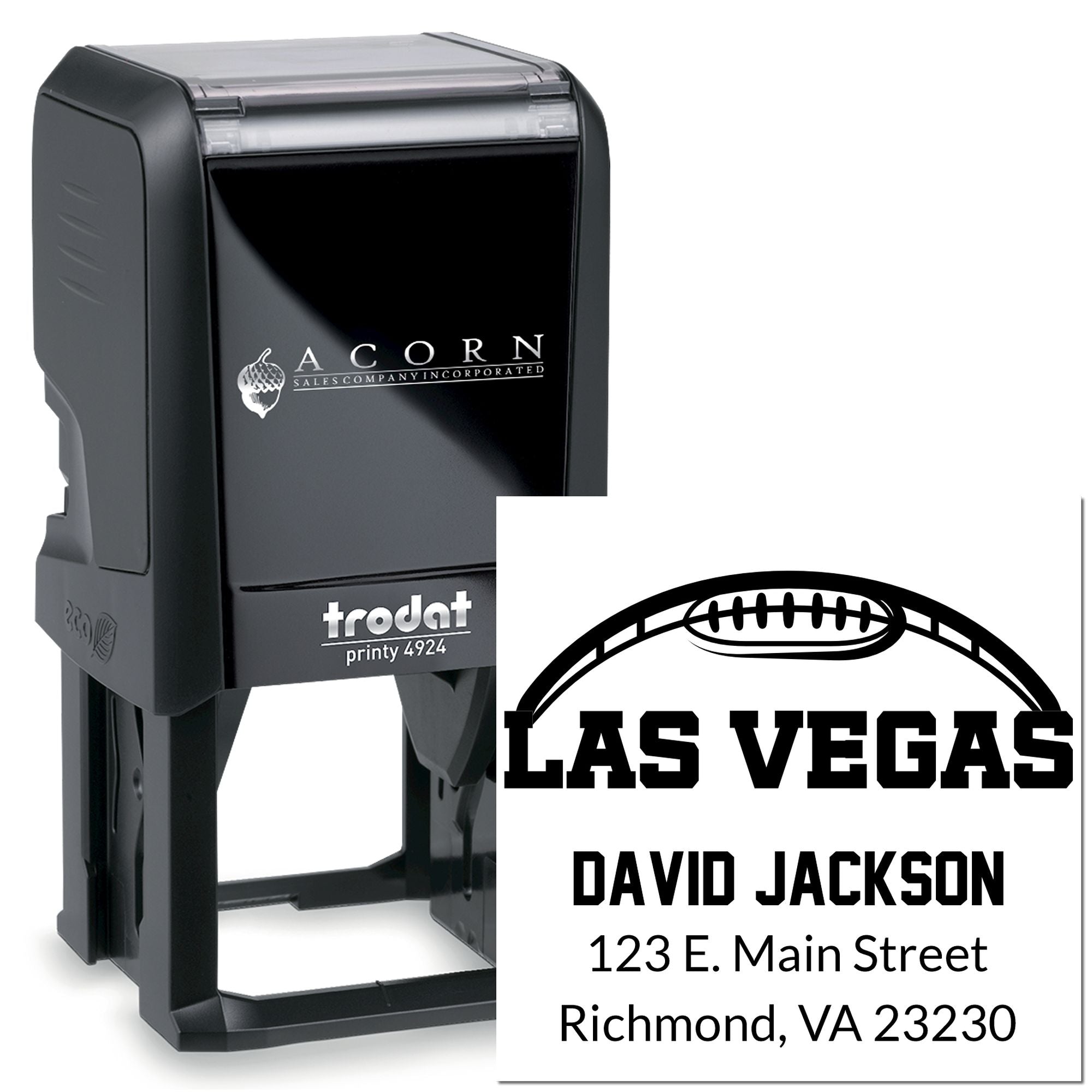 Trodat Printy 4924 custom self-inking rubber stamp with Las Vegas address, David Jackson name, and football logo.