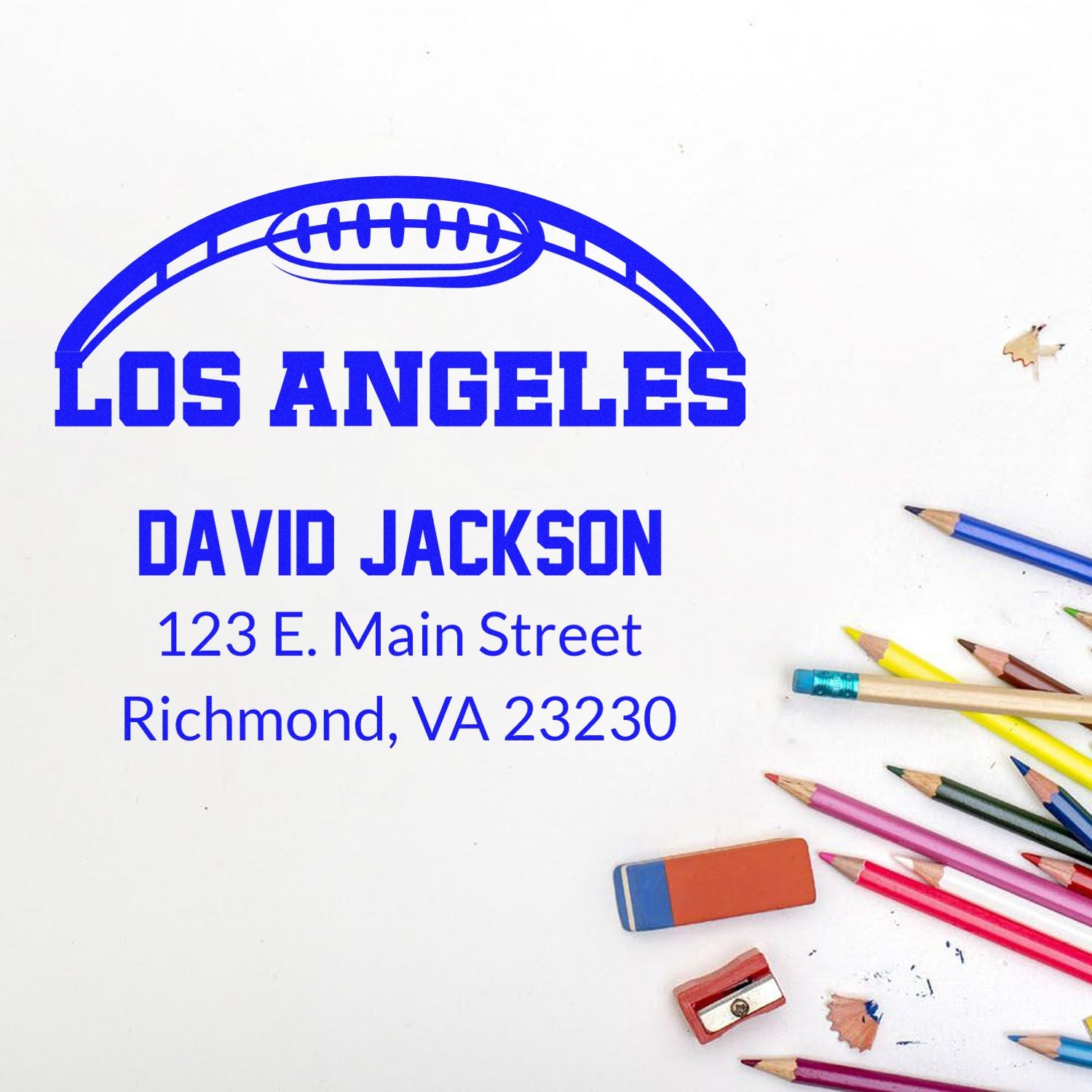 Custom rubber stamp return address design with football logo for David Jackson, Los Angeles, and Richmond, VA mailing use.