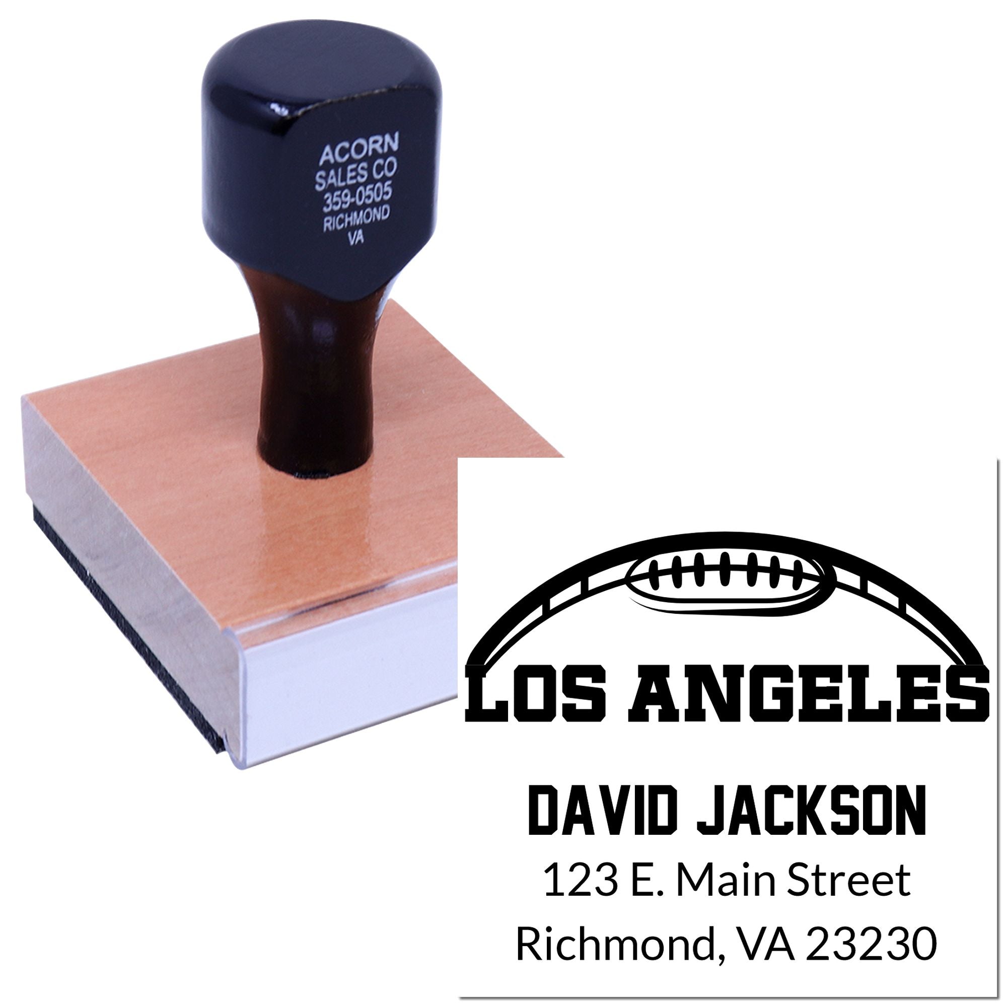 Custom rubber stamp with football logo and personalized name-and-address imprint for David Jackson in Los Angeles.
