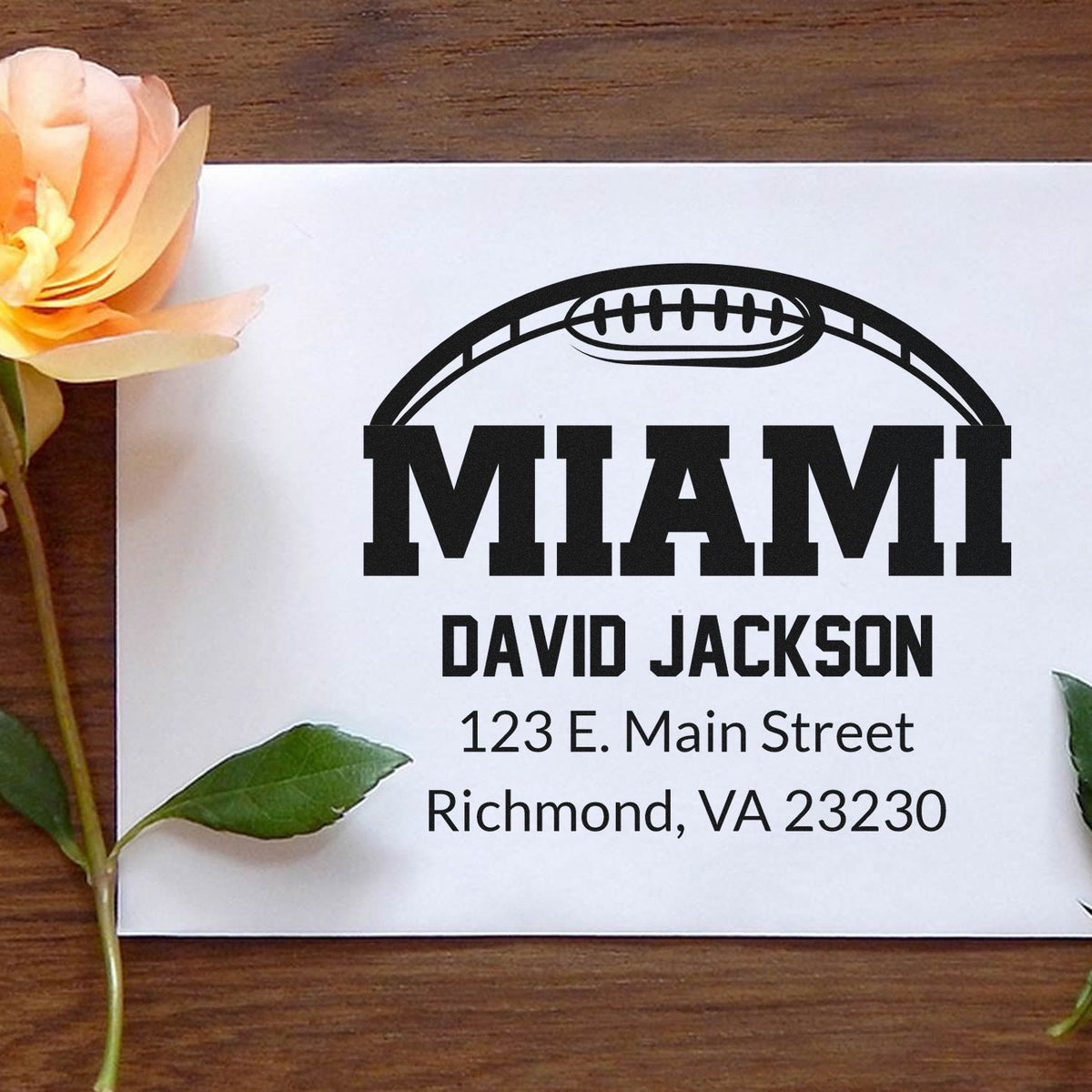 Custom Miami football return address rubber stamp with name and address for personalized stationery.
