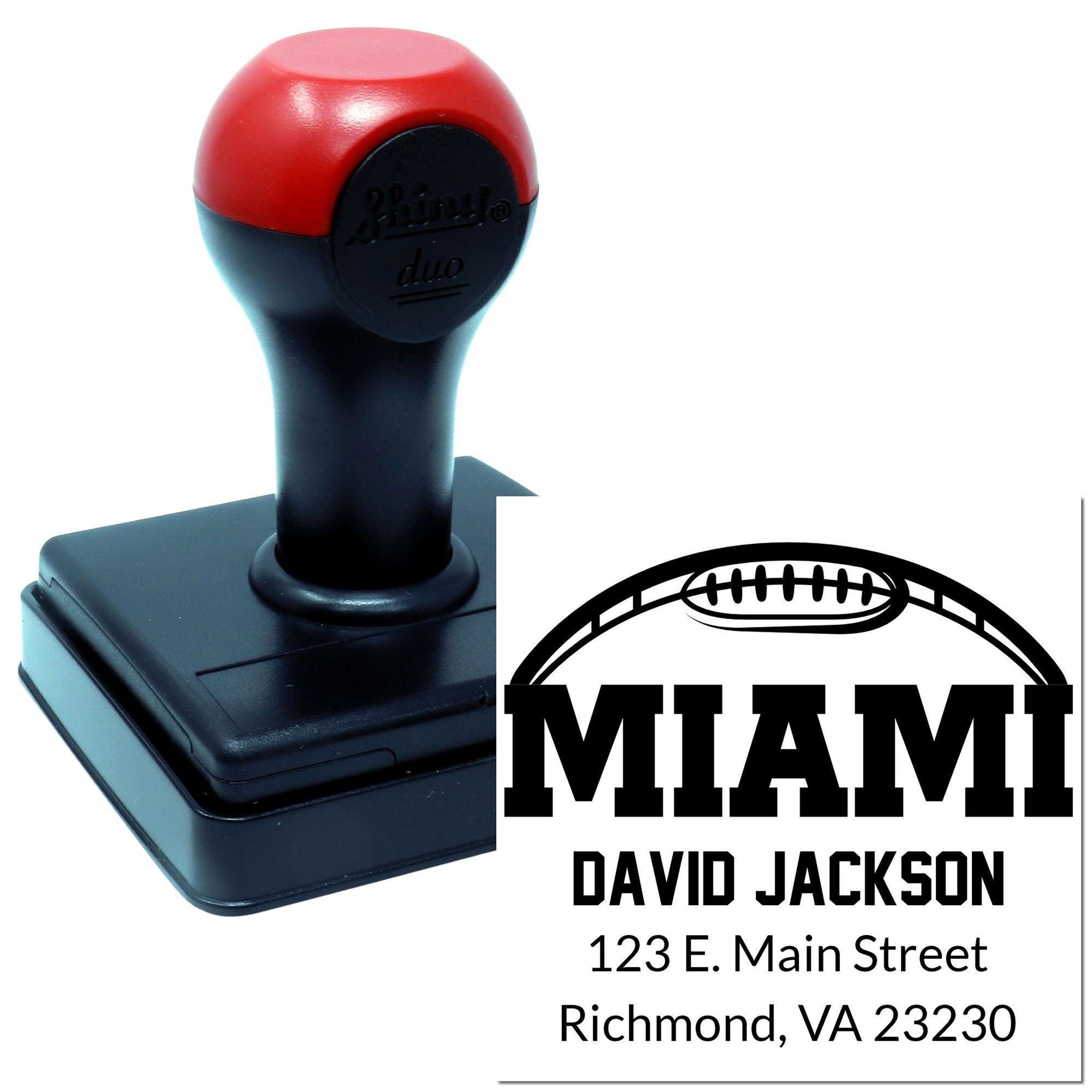 Custom self-inking Miami football return address rubber stamp with name, address, and team logo.