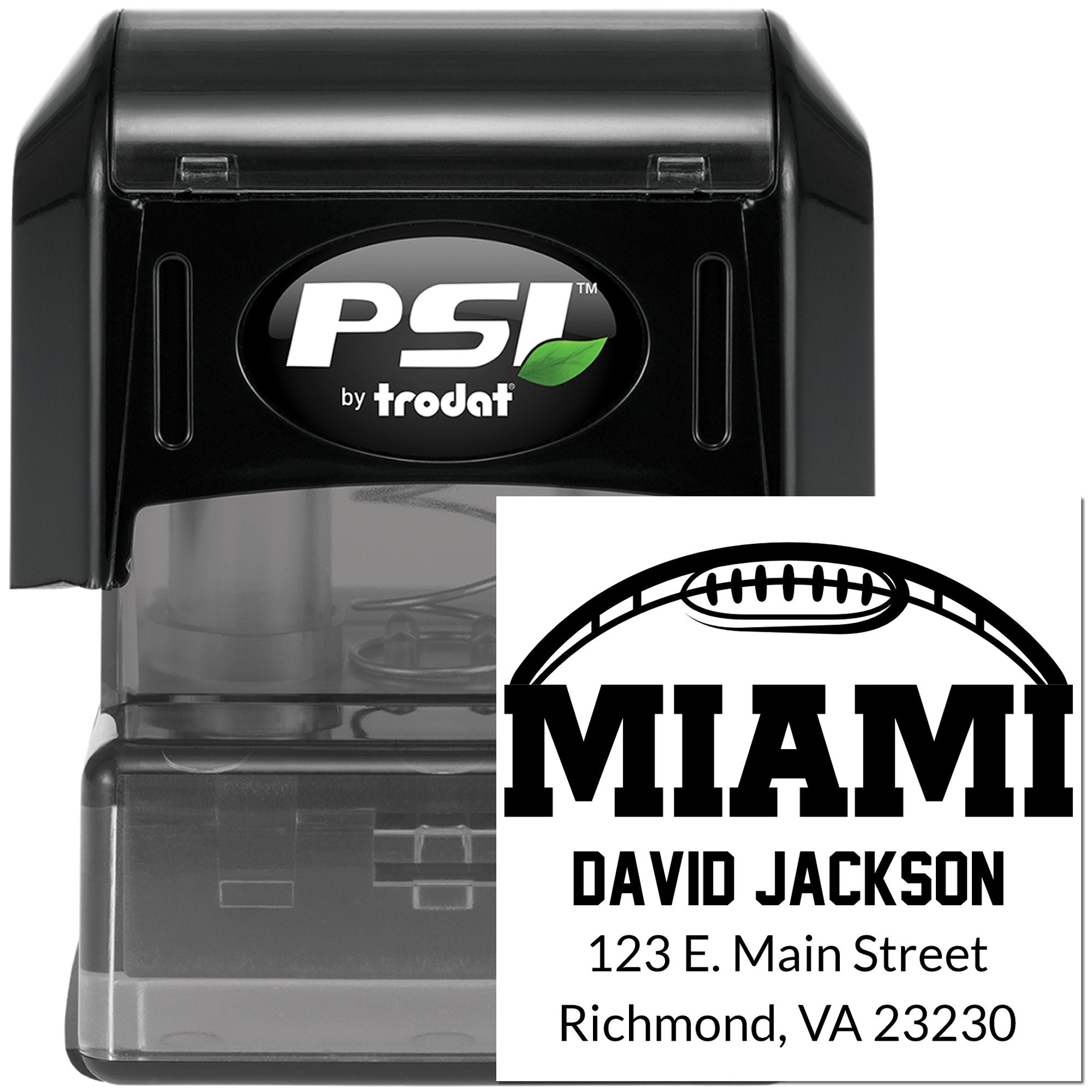 Custom self-inking rubber address stamp with Miami football design, David Jackson name, and return address.