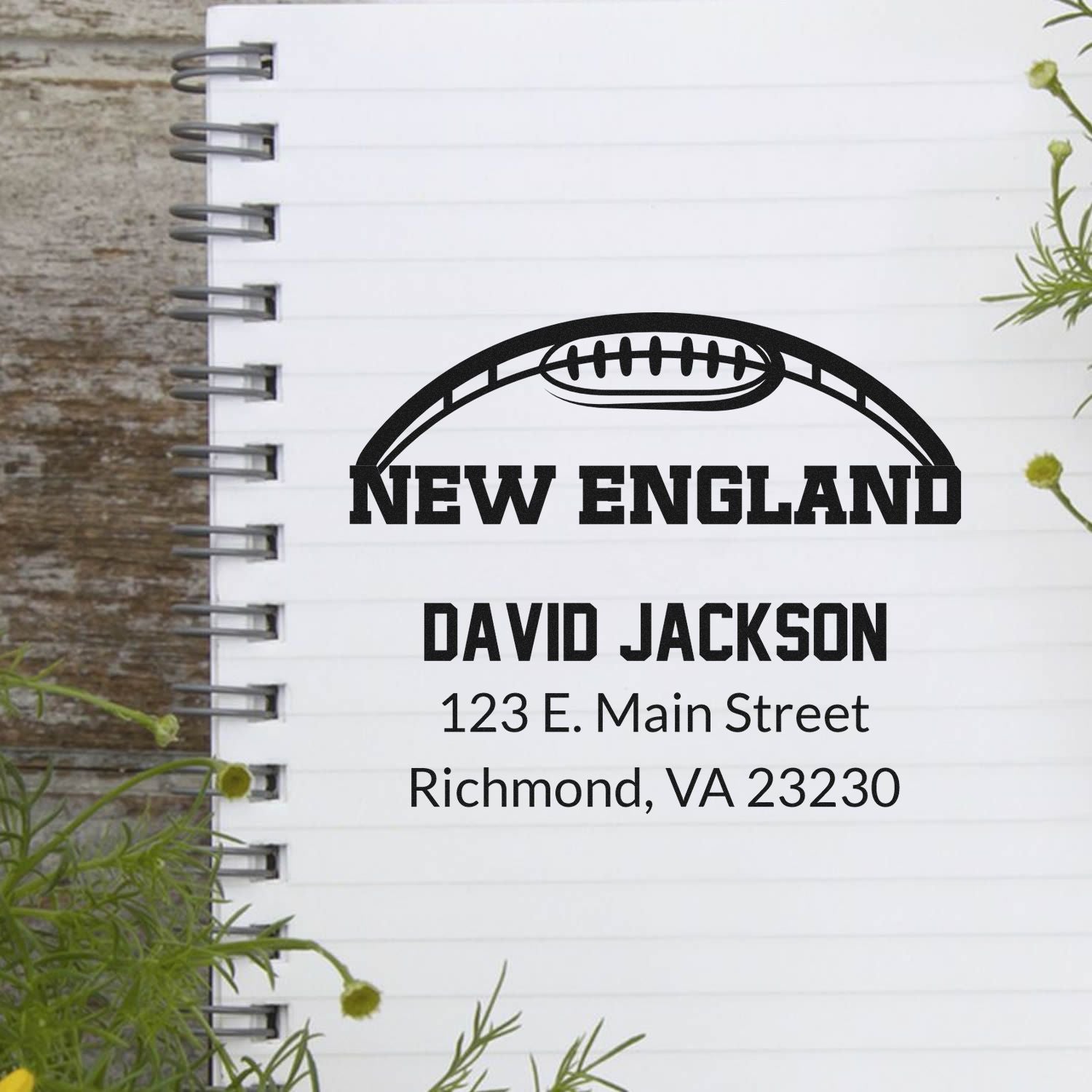 Custom football address rubber stamp with New England logo, David Jackson name, and Richmond, VA address on notebook.