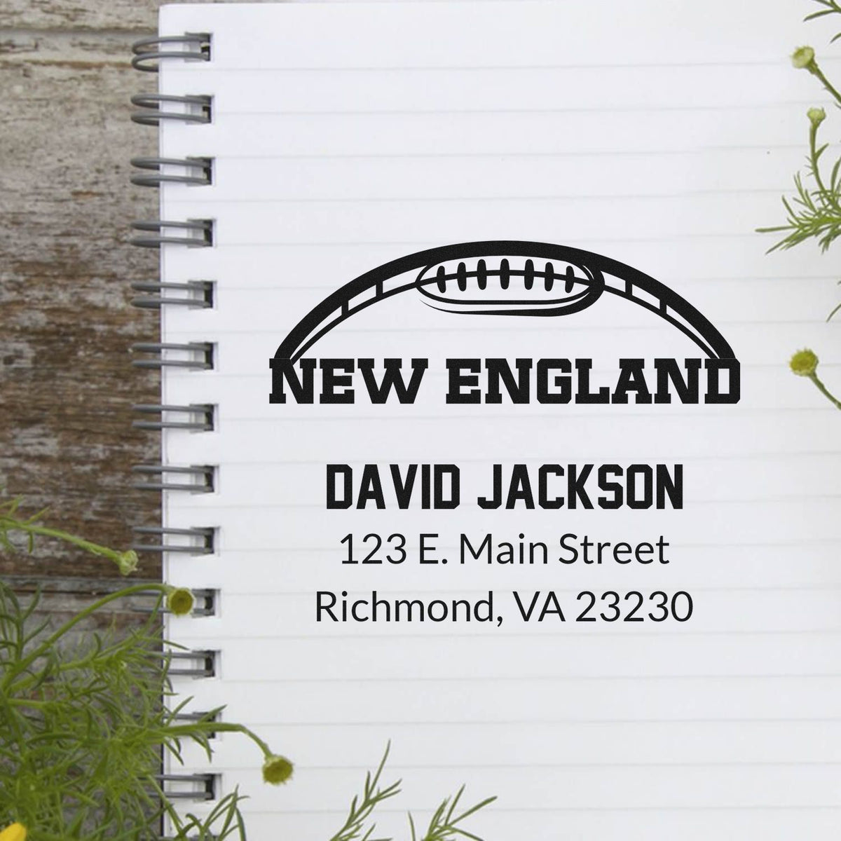 New England football address rubber stamp with David Jackson name and Richmond, VA address for personalized mail.