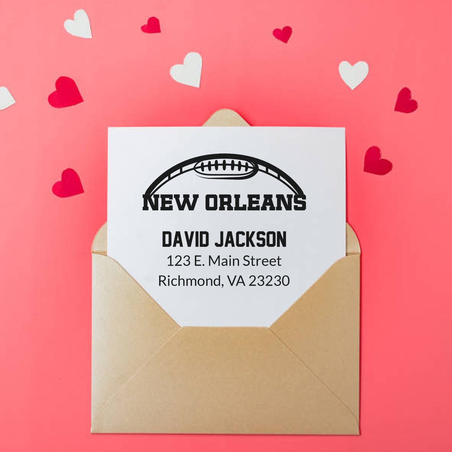 Custom New Orleans football return address rubber stamp for envelopes, with name and mailing address