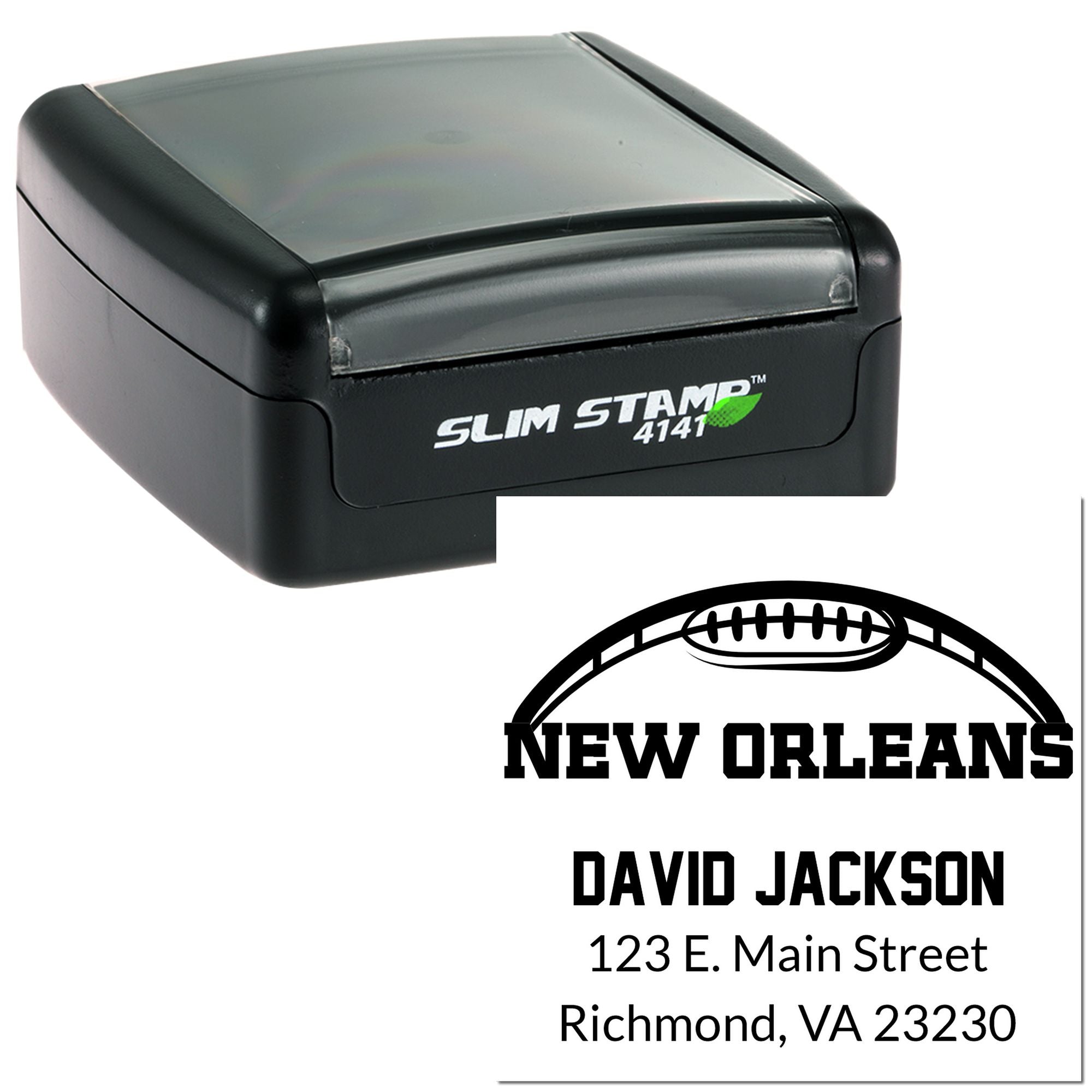 Custom self-inking Slim Stamp 4141 rubber stamp with New Orleans football logo and David Jackson address, Richmond, VA.