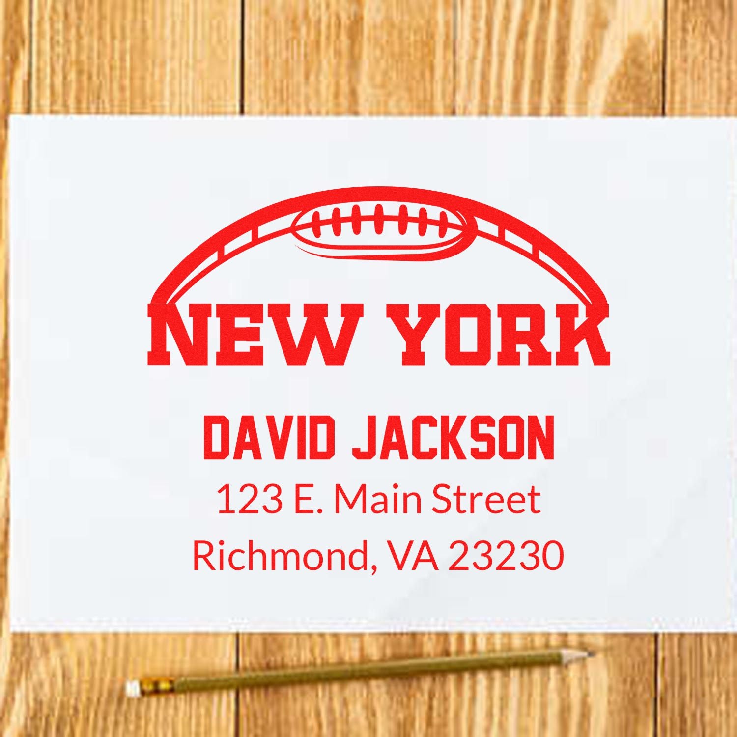 Custom football-themed rubber stamp address stamp with New York, David Jackson, and Richmond, VA 23230.
