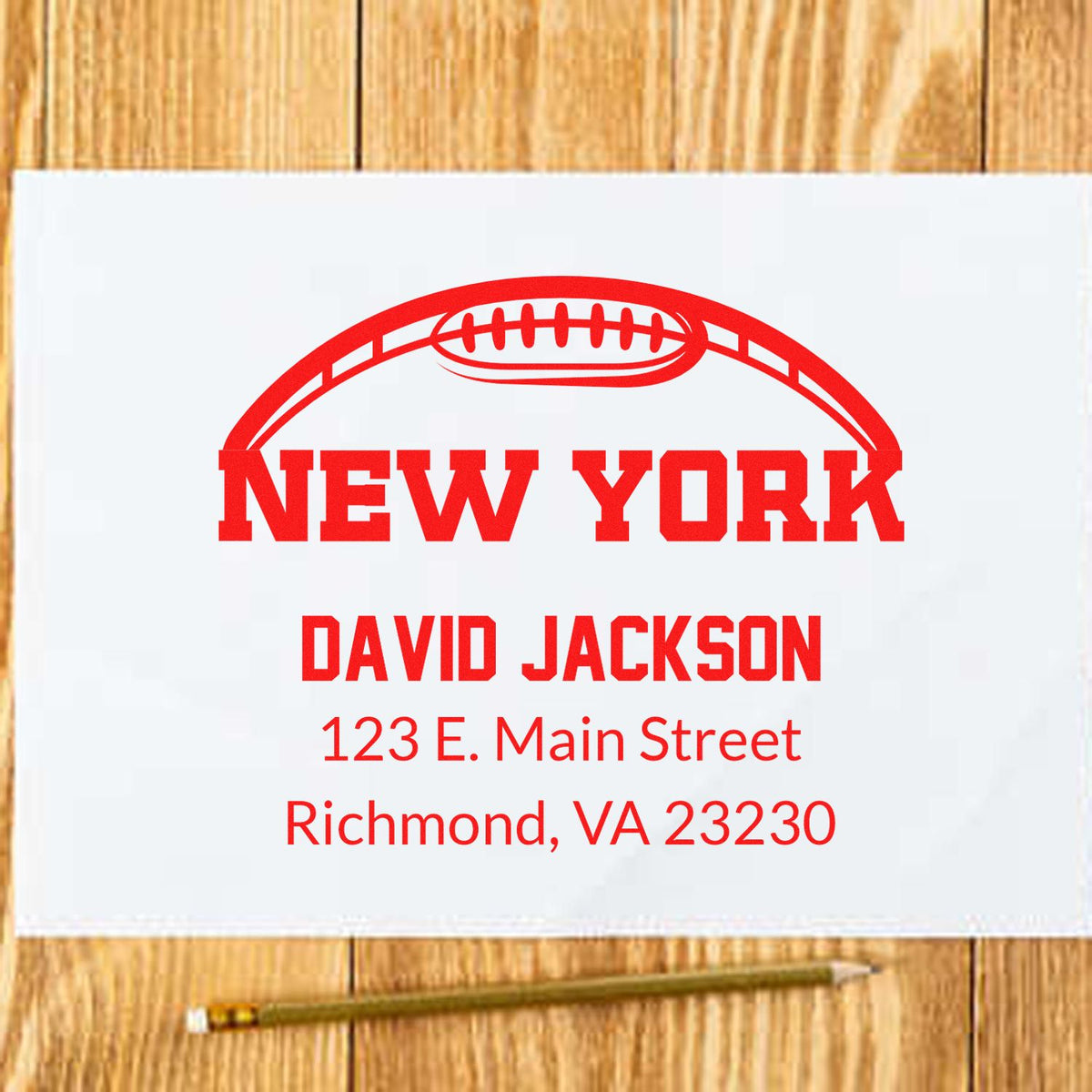 Custom football return address rubber stamp with New York design for David Jackson, Richmond, VA 23230