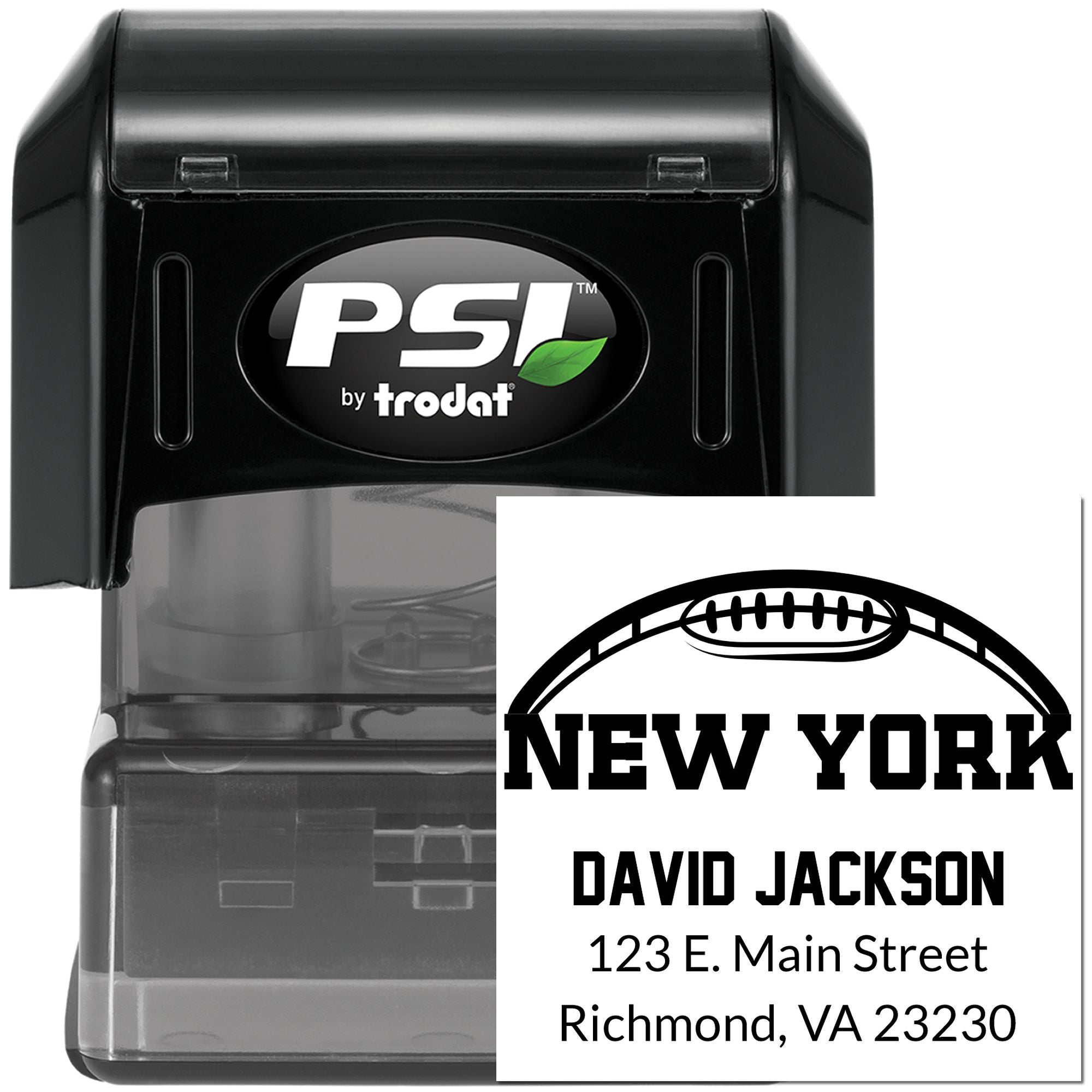 Custom self-inking rubber stamp by PSI Trodat with New York football address design for personalized business mailings.
