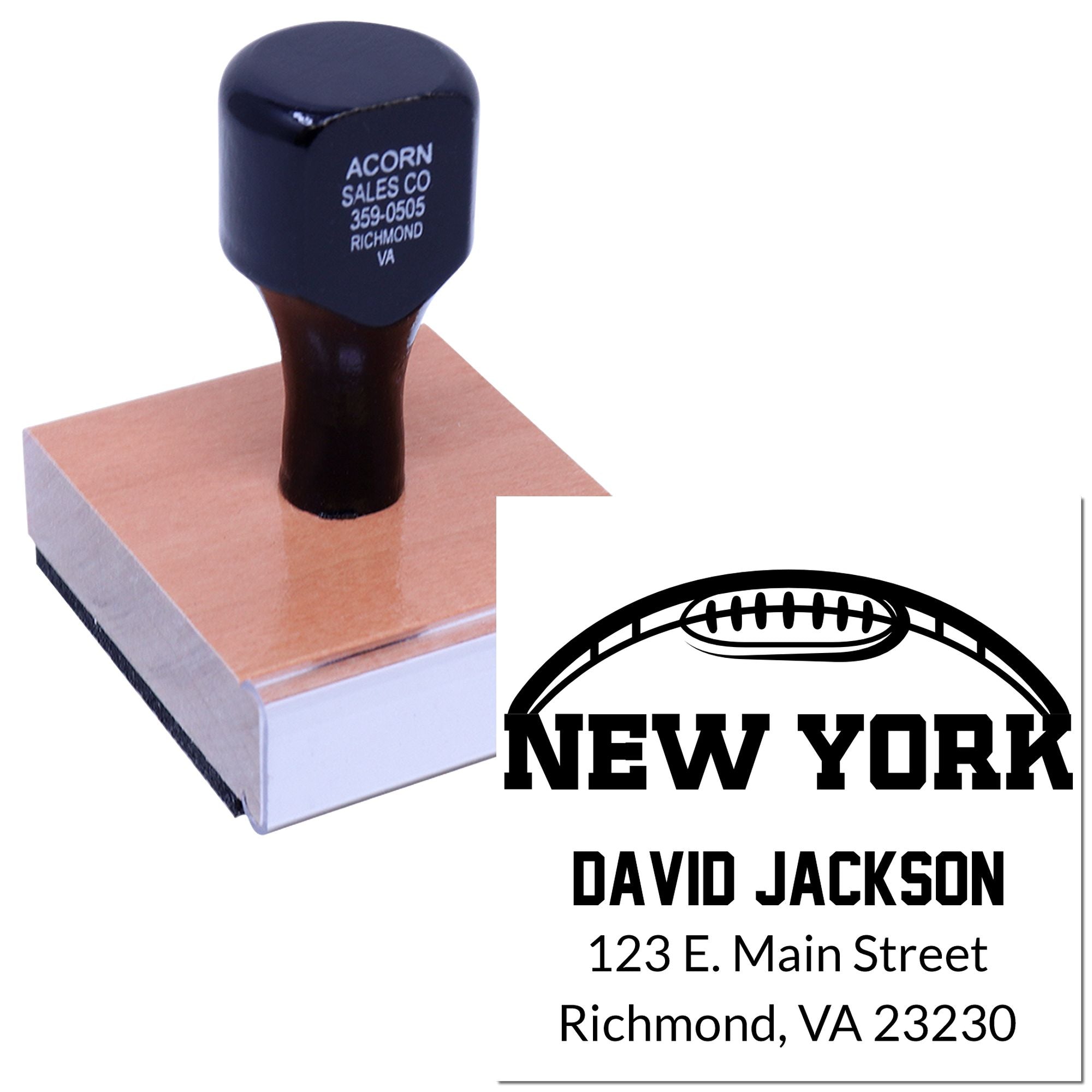 Custom rubber stamp with football logo for New York, featuring David Jackson name and Richmond, VA address.