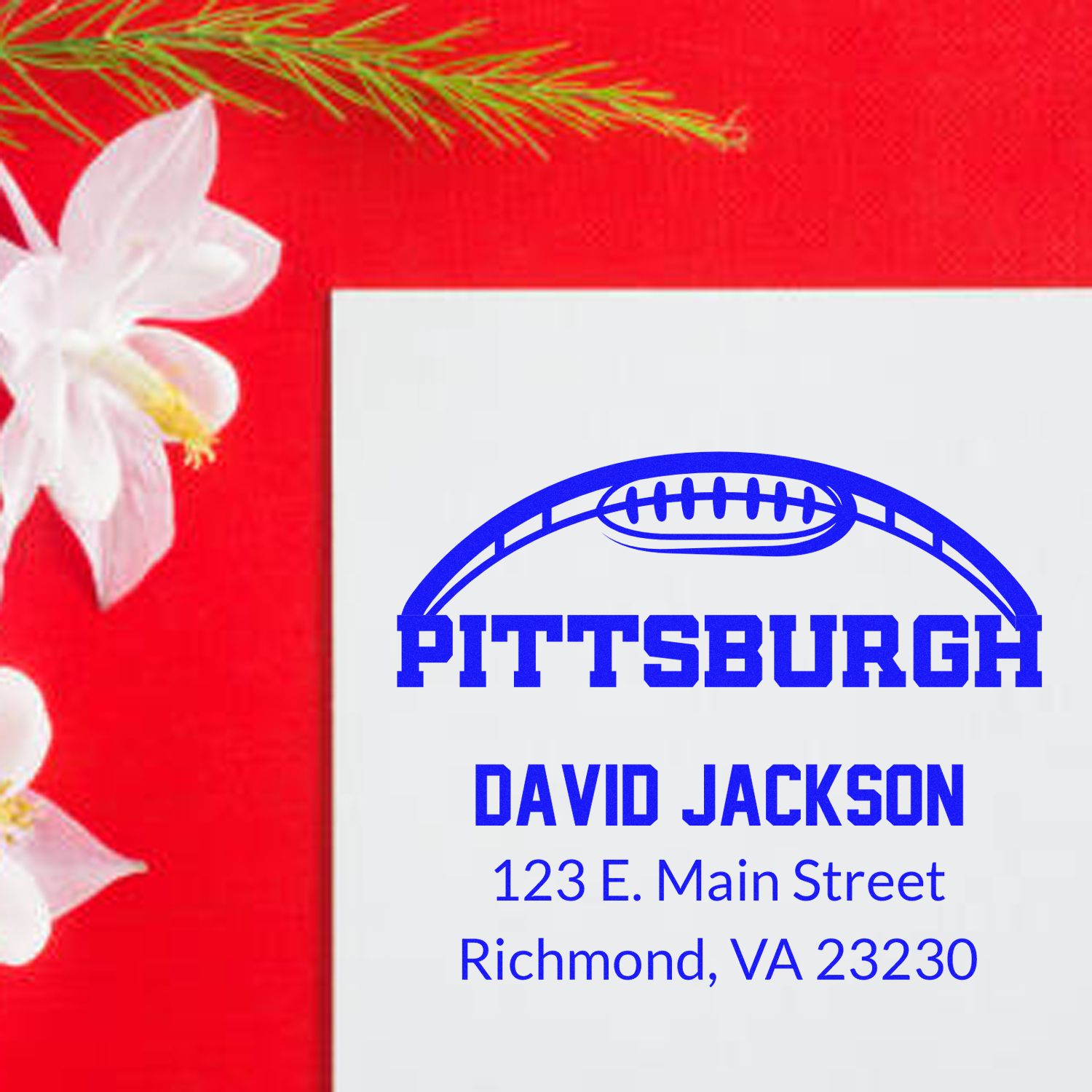 Custom return address rubber stamp with Pittsburgh football logo, David Jackson, 123 E. Main Street, Richmond, VA 23230.