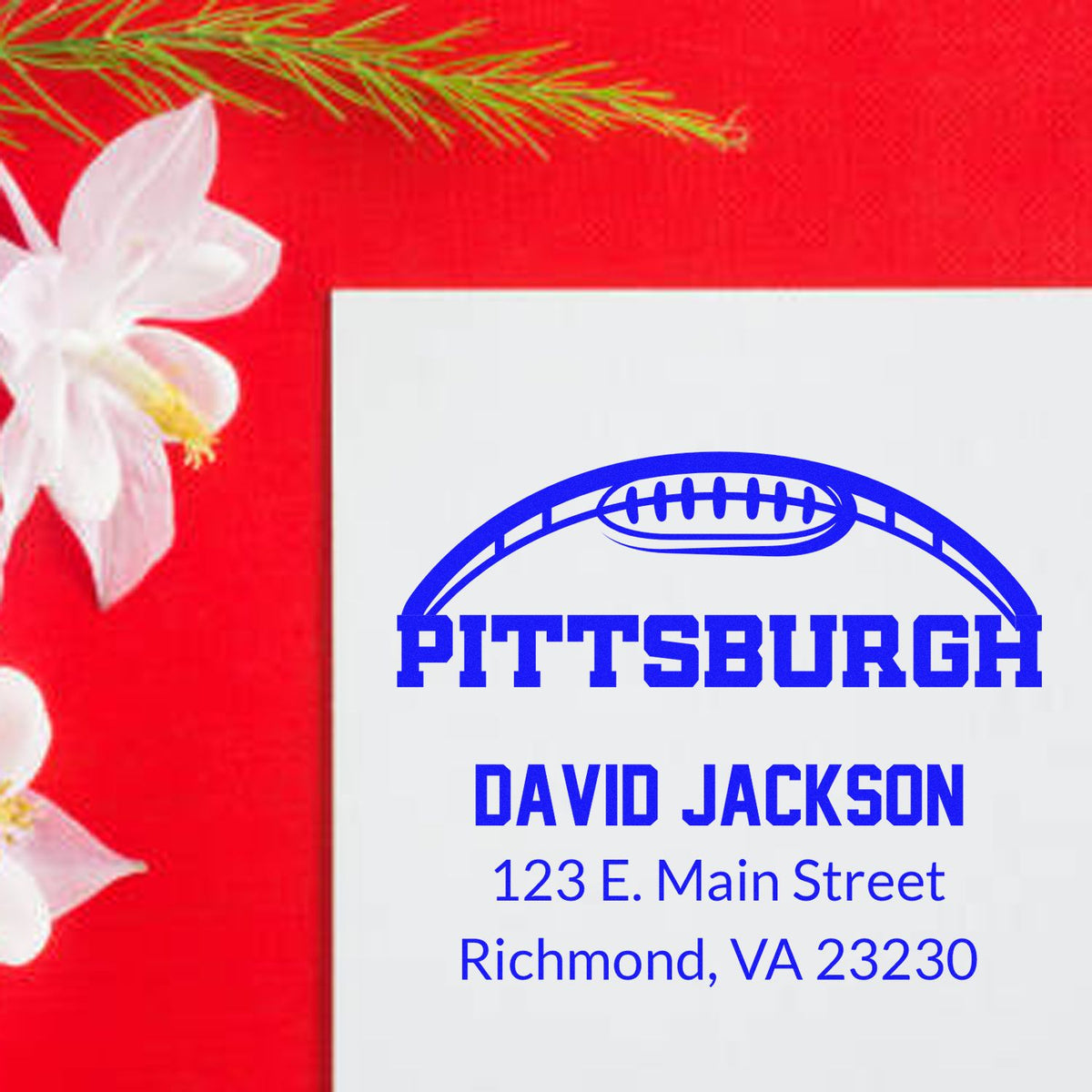 Custom Pittsburgh return address rubber stamp with football logo, David Jackson, and Richmond, VA address.