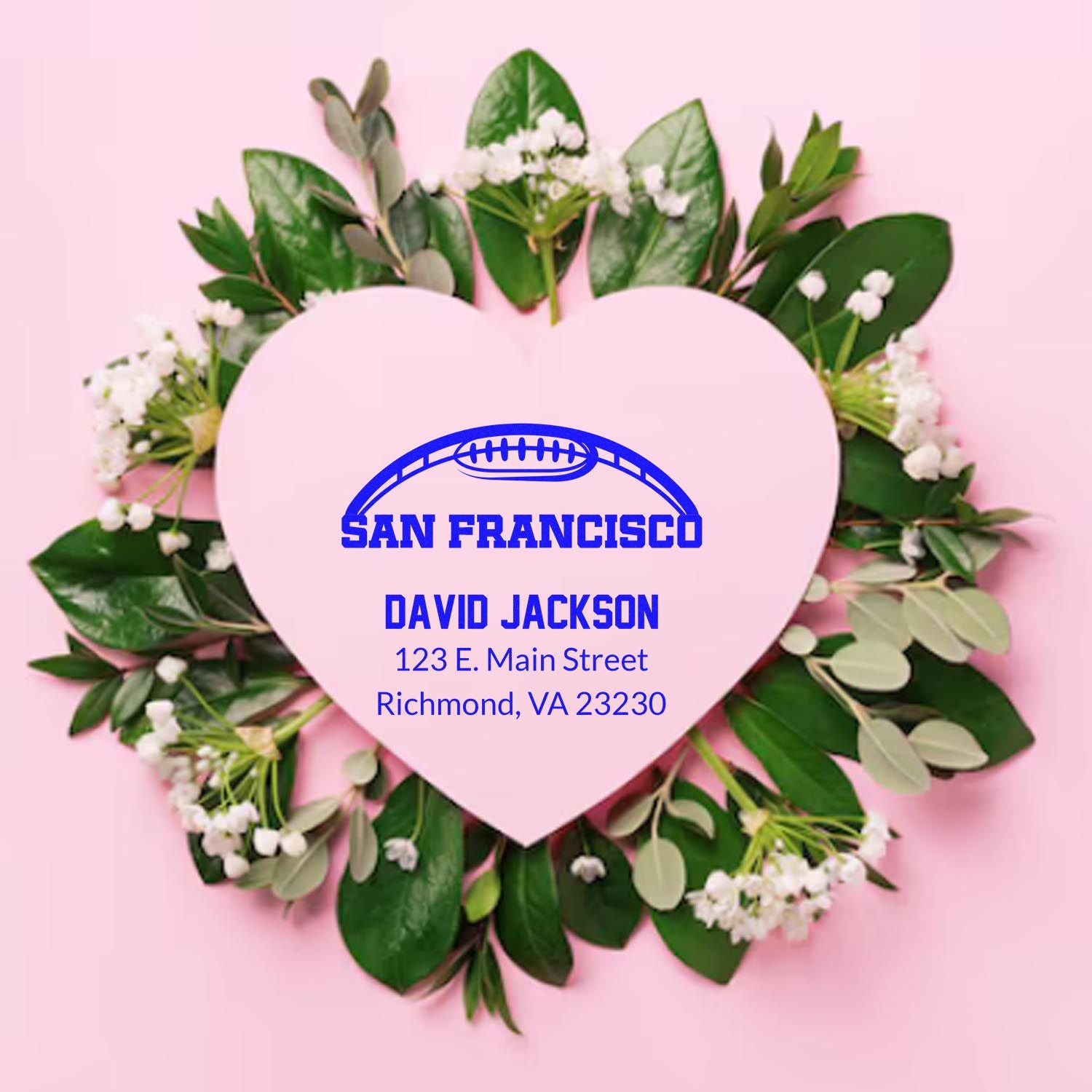 Custom football rubber stamp with floral heart design, personalized for David Jackson, San Francisco, Richmond, VA address.