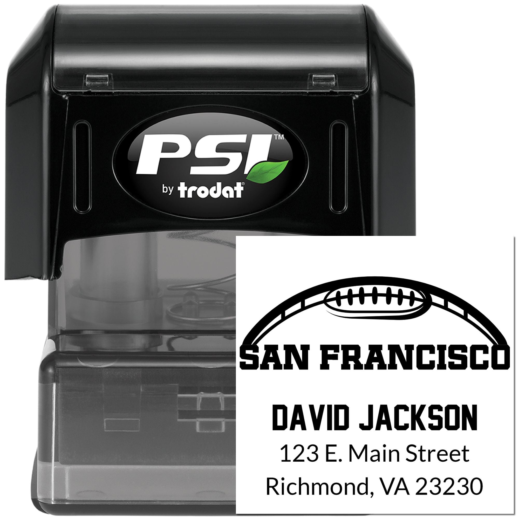 PSI by Trodat self-inking rubber stamp with custom football return address design for San Francisco, David Jackson.