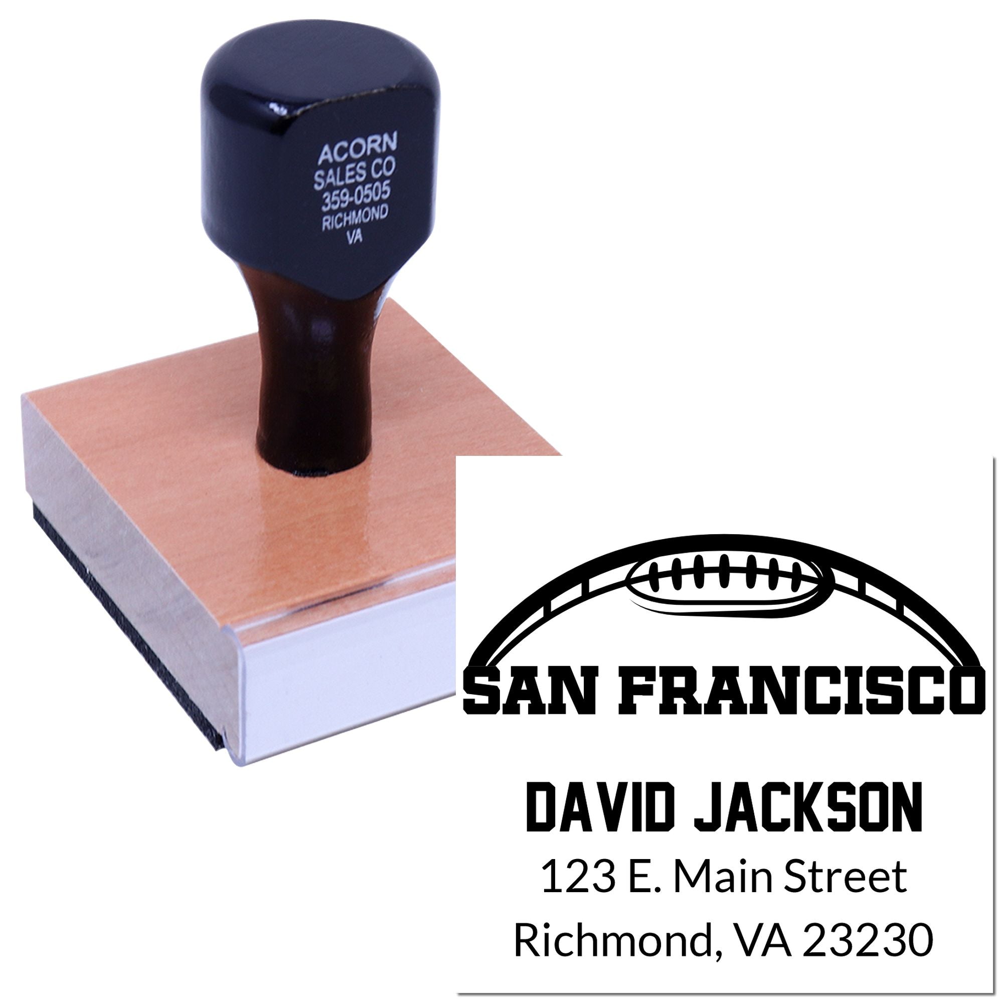 Custom return address rubber stamp with football logo for David Jackson, Richmond VA mailing.