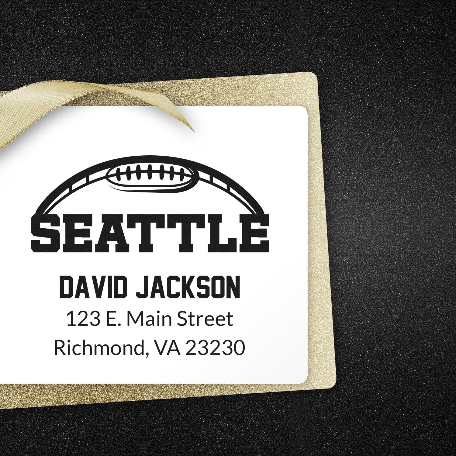 Custom Seattle football return address rubber stamp with name and mailing address for personalized stationery or gift tags.