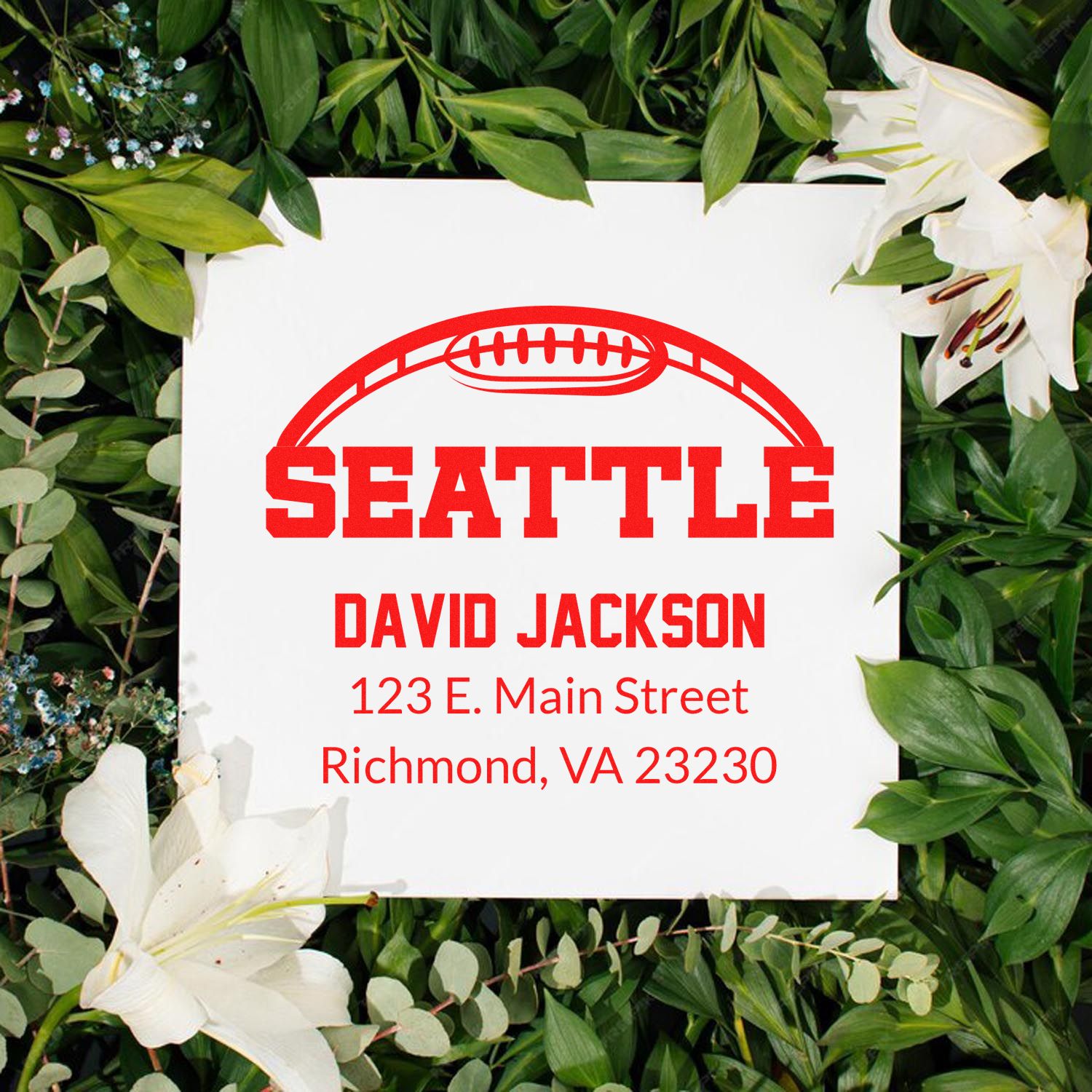 Seattle personalized rubber stamp with football design, featuring David Jackson name and address for custom mailing or branding.