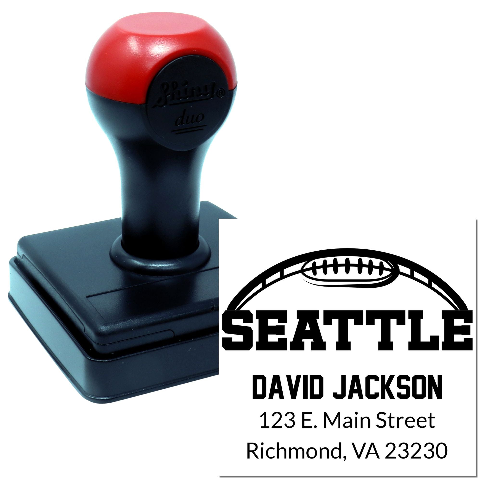 Custom self-inking rubber address stamp with Seattle football design, David Jackson name, and Richmond, VA return address.