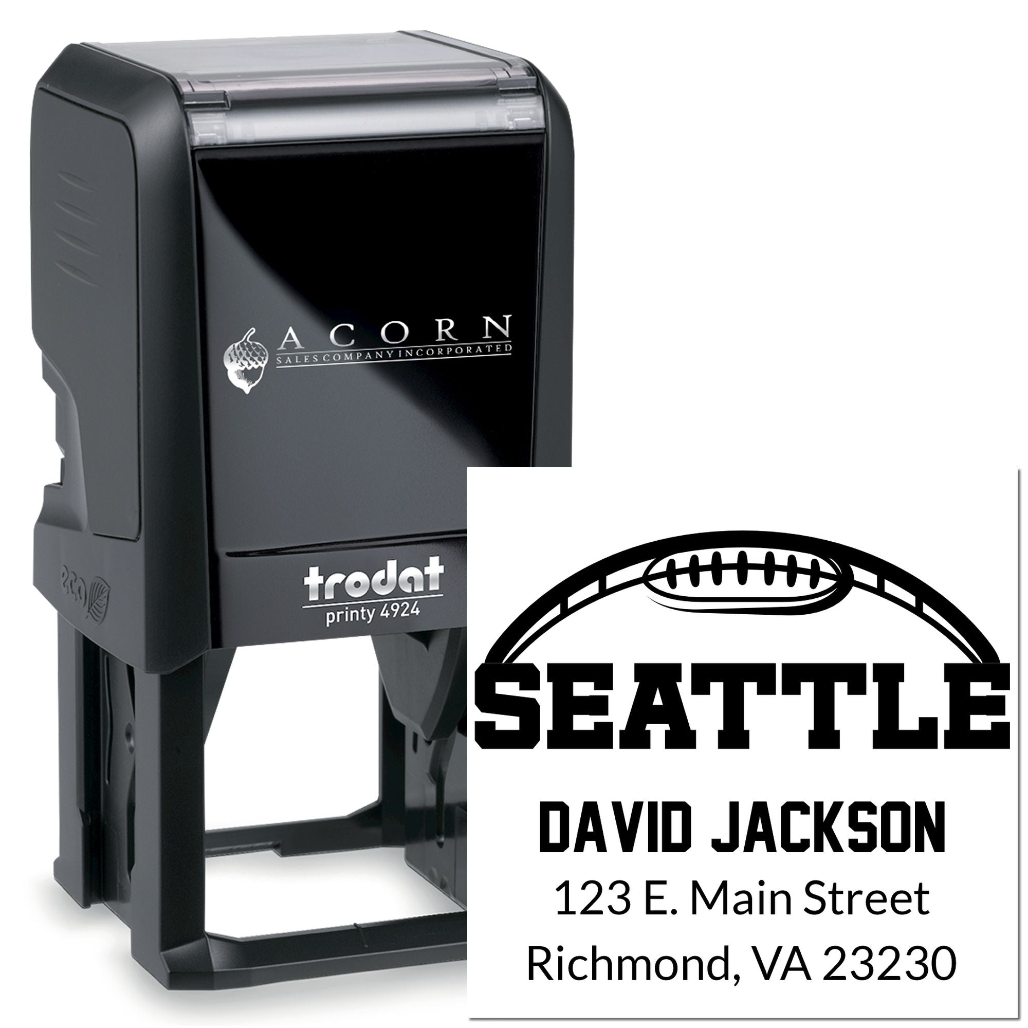 Custom self-inking address rubber stamp with Seattle football logo for personalized business mailing.