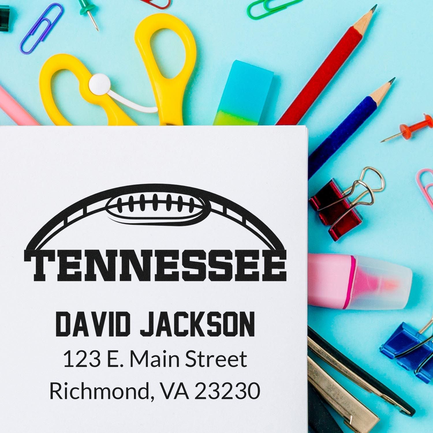 Custom Tennessee football address rubber stamp for David Jackson, 123 E. Main Street, Richmond, VA.
