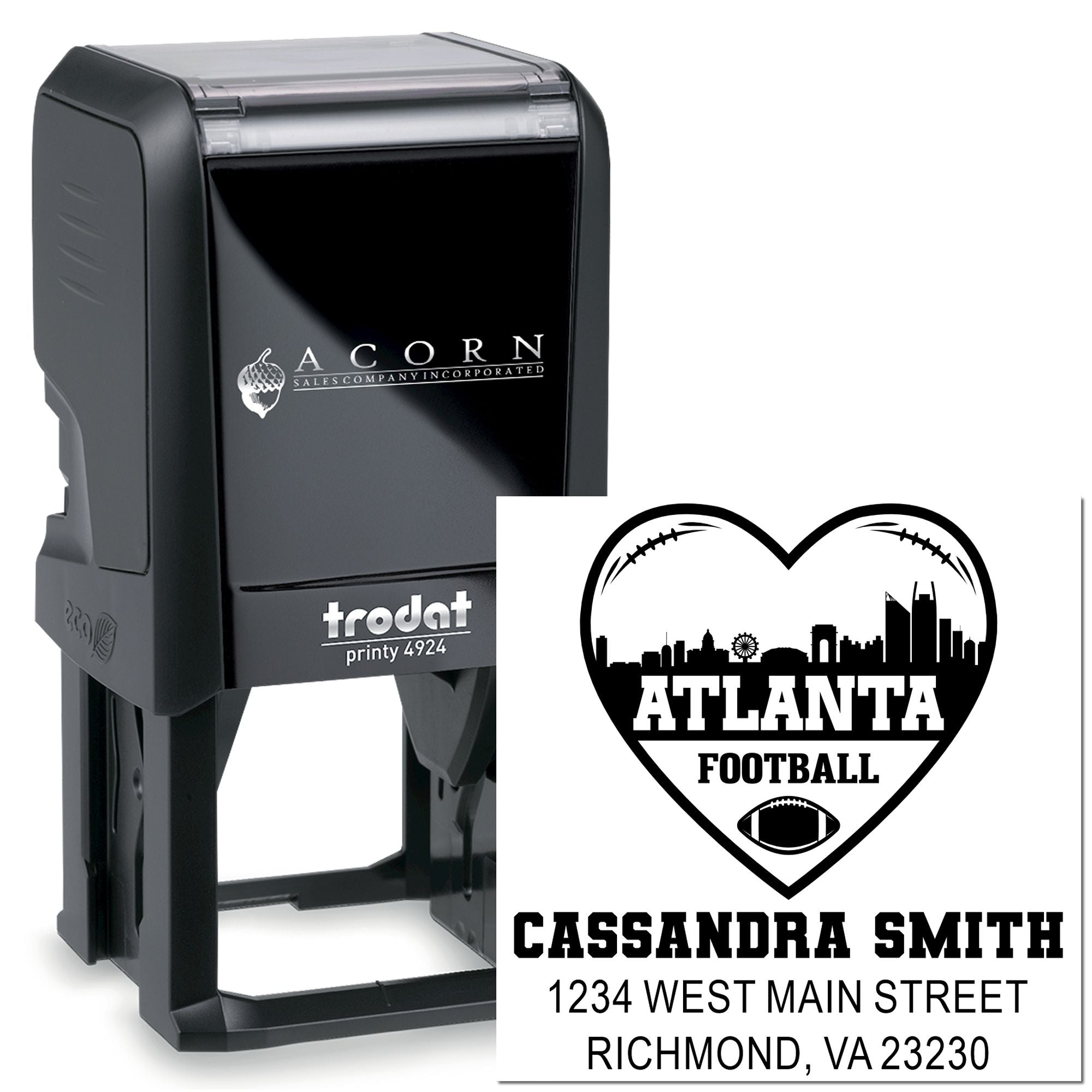 Trodat self-inking rubber stamp with custom Atlanta football design, name, and address for personalized branding.