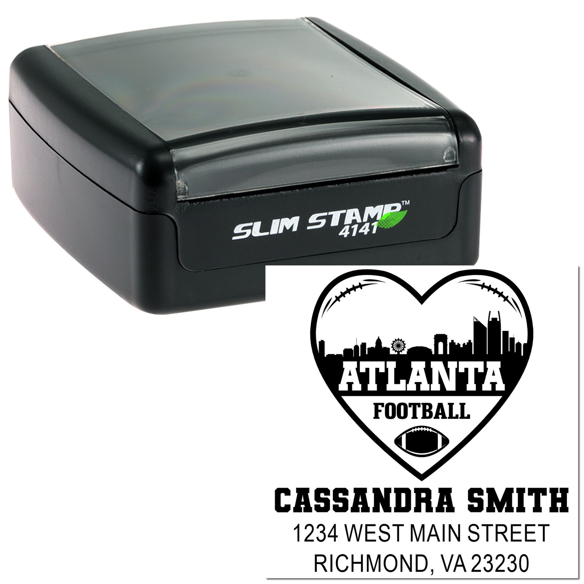 Personalized self-inking rubber stamp with Atlanta football heart logo, Cassandra Smith name, and address.