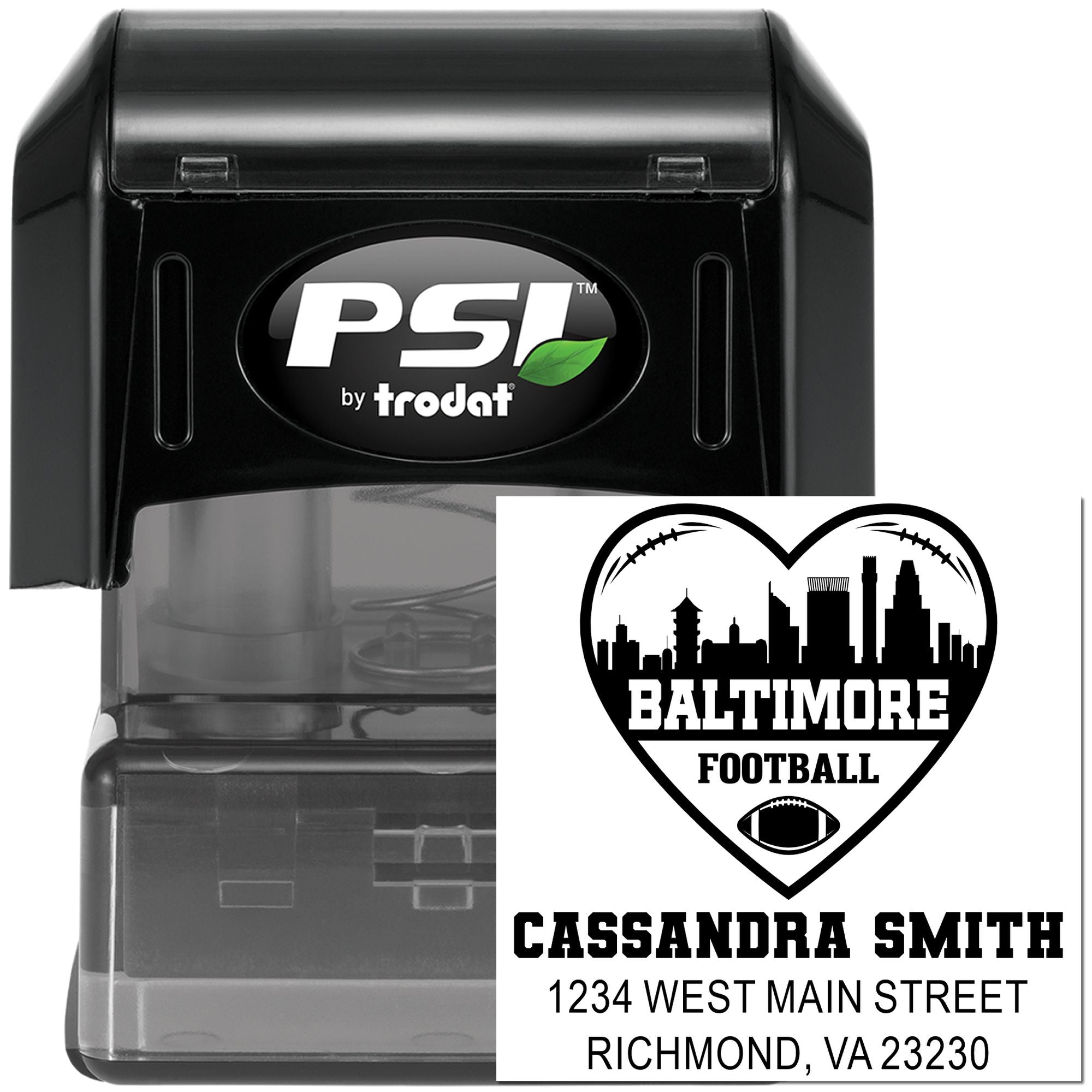 Custom self-inking rubber stamp by PSI Trodat featuring a Baltimore football heart logo, name, and address.