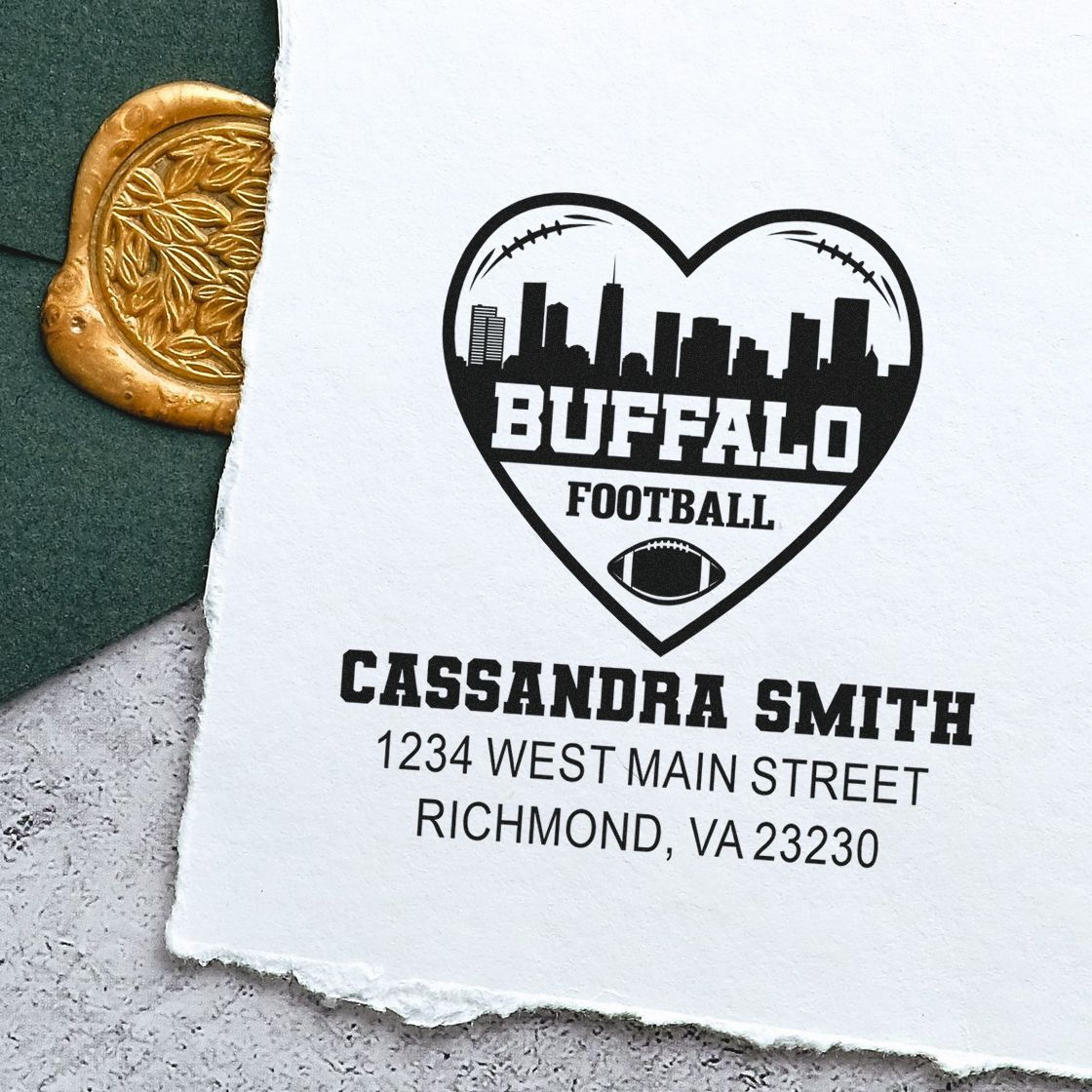 Custom Buffalo football return address rubber stamp with heart logo, name, and address for personalized mailing.