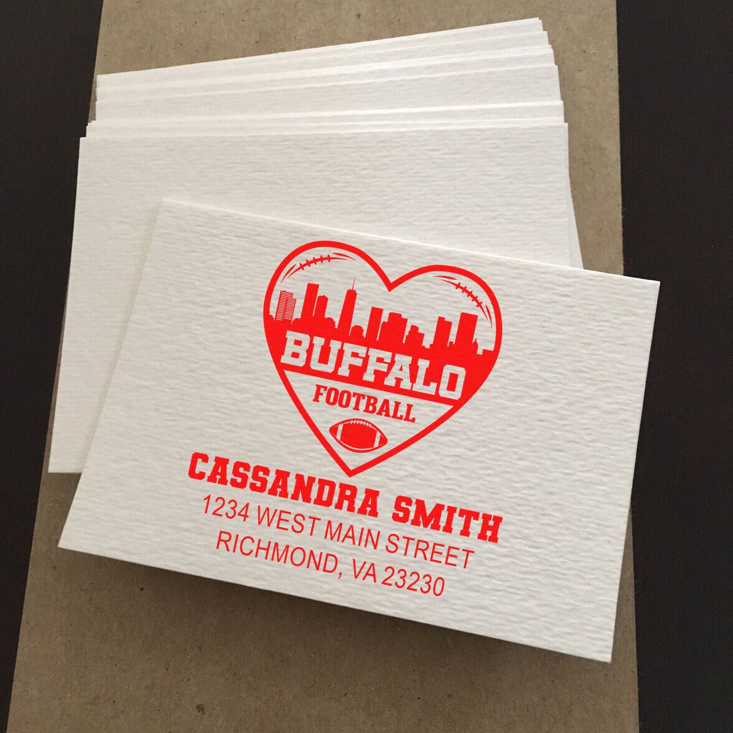 Custom Buffalo football rubber stamp design for personalized napkins, featuring Cassandra Smith name and Richmond, VA address.