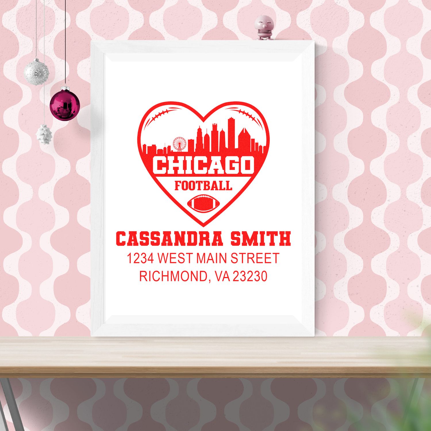 Custom Chicago football rubber stamp design with heart skyline, personalized with Cassandra Smith name and address.