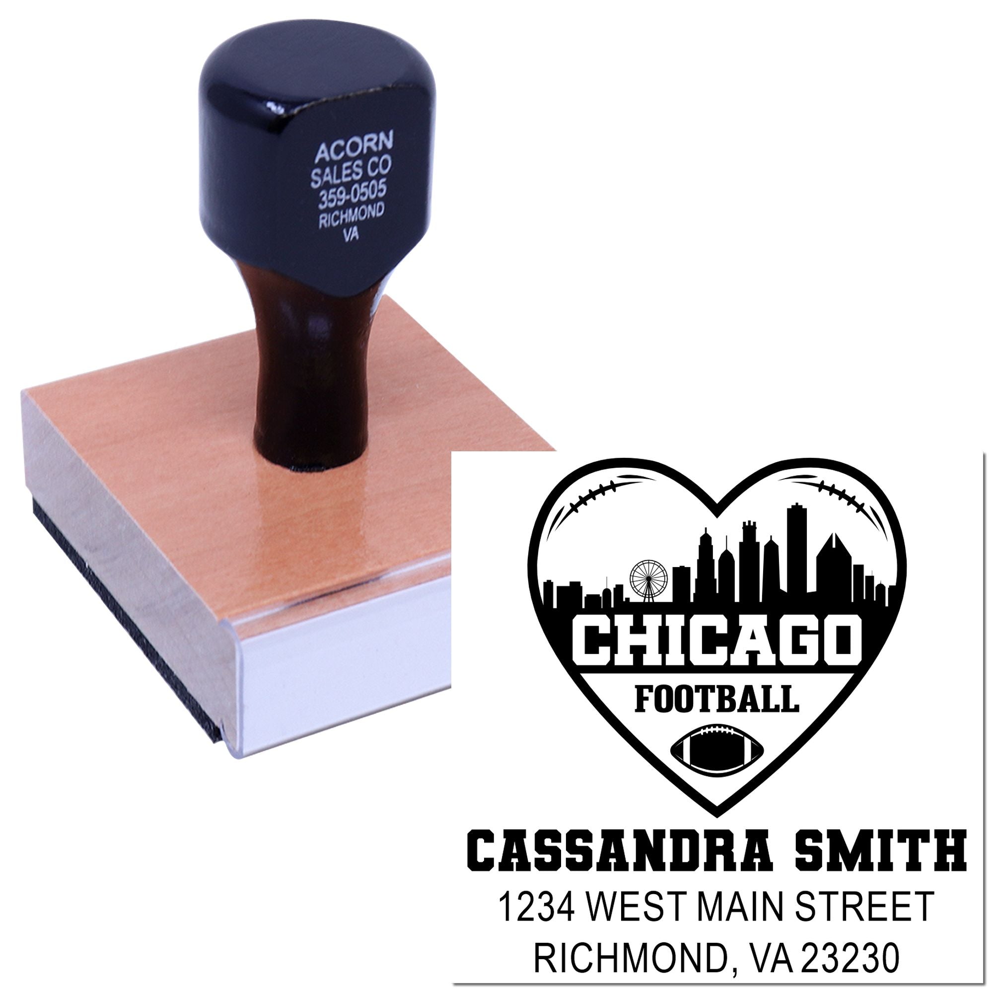 Custom rubber stamp with Chicago football logo, name, and address for personalized stationery or mailings